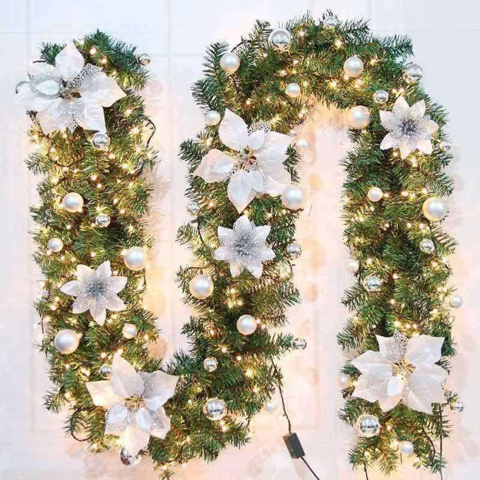 106In Luxury Christmas Decor Artificial Flower Rattan Garland Wreath with LED Lights - Xmas Tree Home Party Decorations for Holiday, Wedding, Mantel & Front Door Decor
