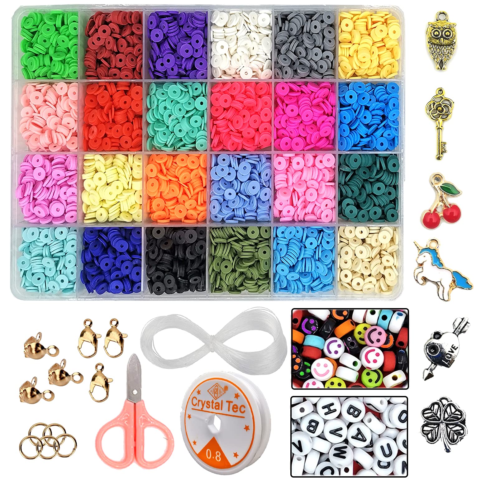 Trasfit 5319 Pcs Clay Beads for Jewelry Making - 24 Color 6mm Flat Round Spacer Beads with Letter Beads, Smiley Face Beads & Pendant Charms Kit - DIY Bracelet, Necklace & Earring Crafting - Perfect for Kids Crafts, Party Favors & Personalized Jewelry Gifts