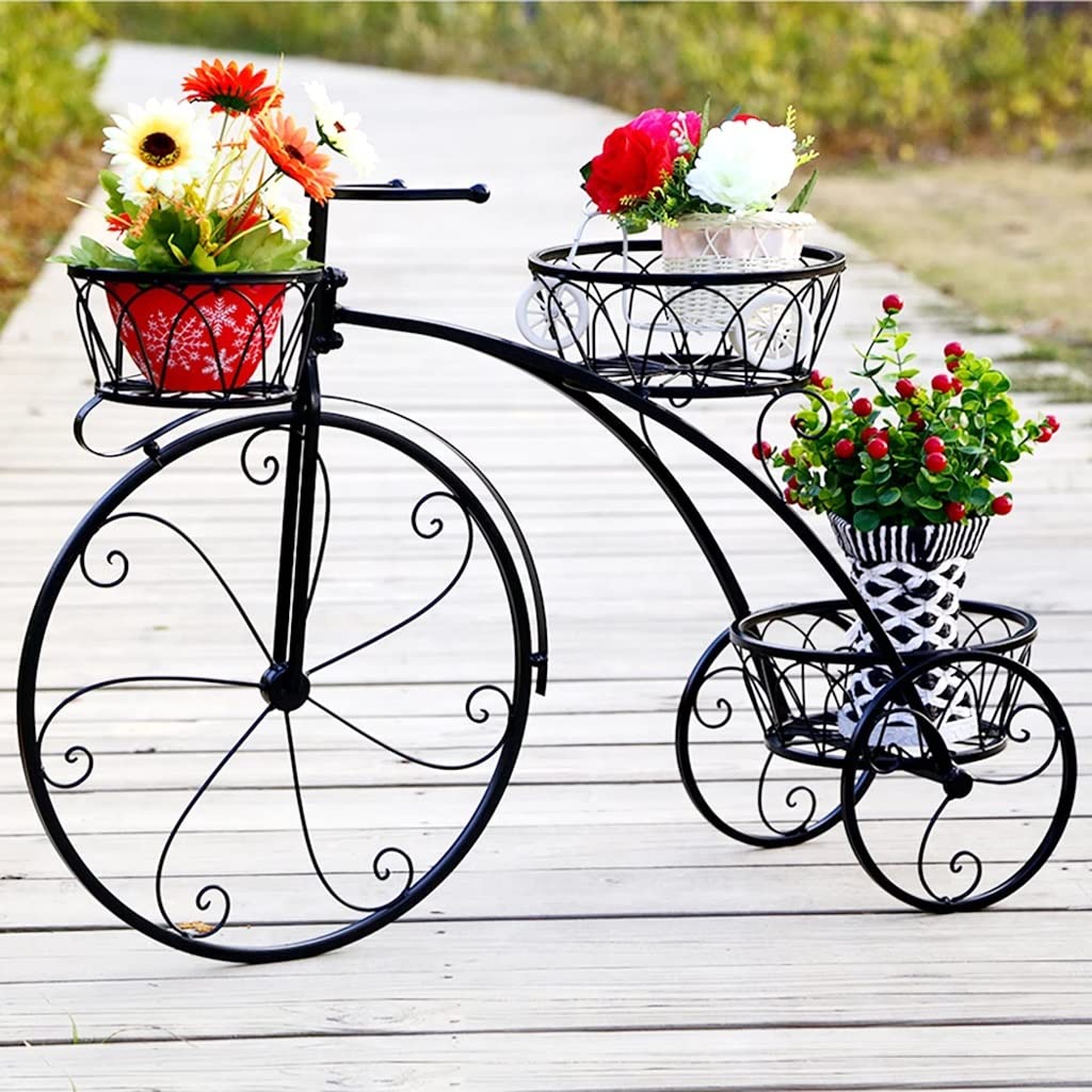Black Tricycle Plant Stand - 3 Wheel Flower Pot Cart Holder for Indoor & Outdoor Garden, Patio, Balcony Decor - Perfect for Home, Yard, and Greenhouse Use