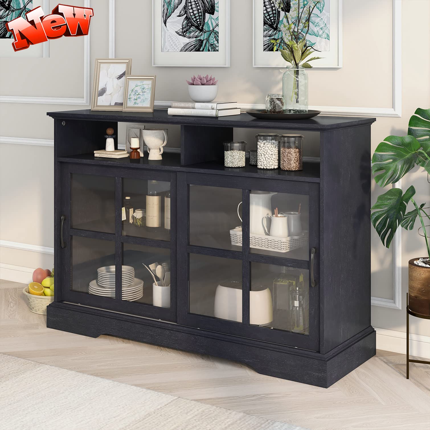 Upgraded Elegant Kitchen Buffet Sideboard with 2 Glass Sliding Doors & Adjustable Shelves - Modern Dining Room Storage Cabinet, Entryway Console Table for Living Room, Hallway (Black) | Perfect for Home Organization, Dinnerware Display & Stylish Home Decor