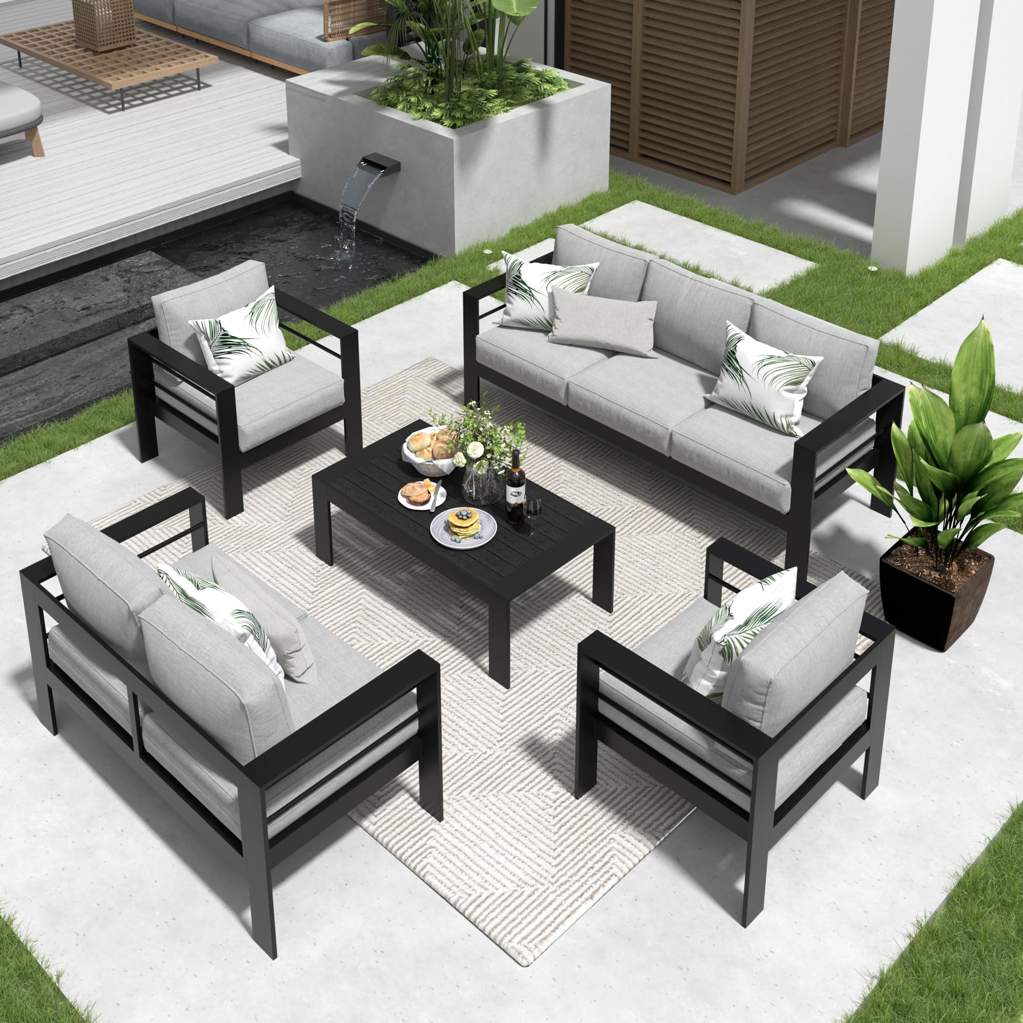Premium 7-Piece Aluminum Patio Furniture Set - Modern Outdoor Sectional Sofa with Upgraded Cushions & Coffee Table (Black Frame/Grey Cushion) - Perfect for Backyard, Poolside & Garden Relaxation