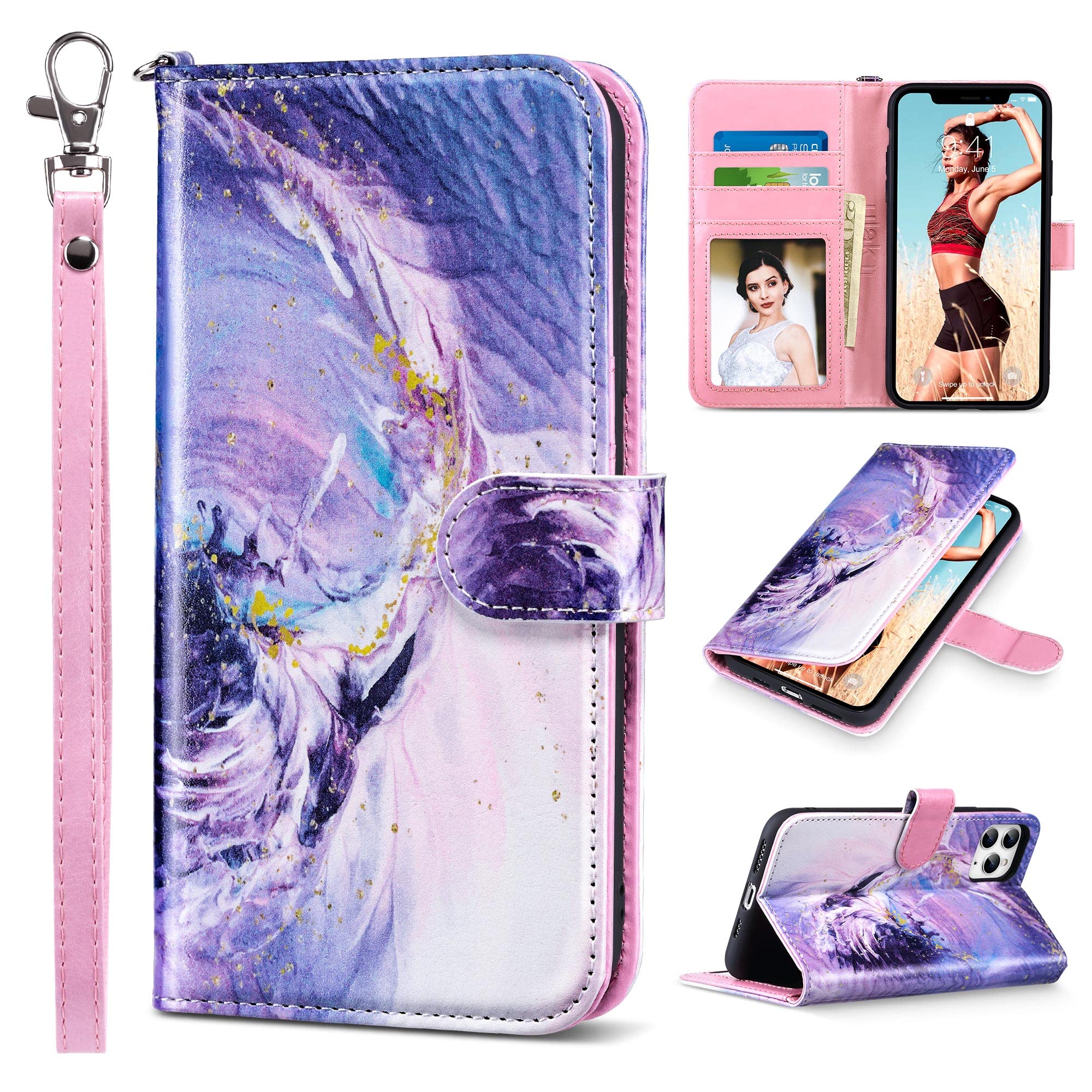 Premium ULAK PU Leather Wallet Case for iPhone 11 Pro Max - Shockproof Folio Cover with Card Holder, Kickstand & Wrist Strap | Perfect for Work, Travel & Everyday Use (Purple)