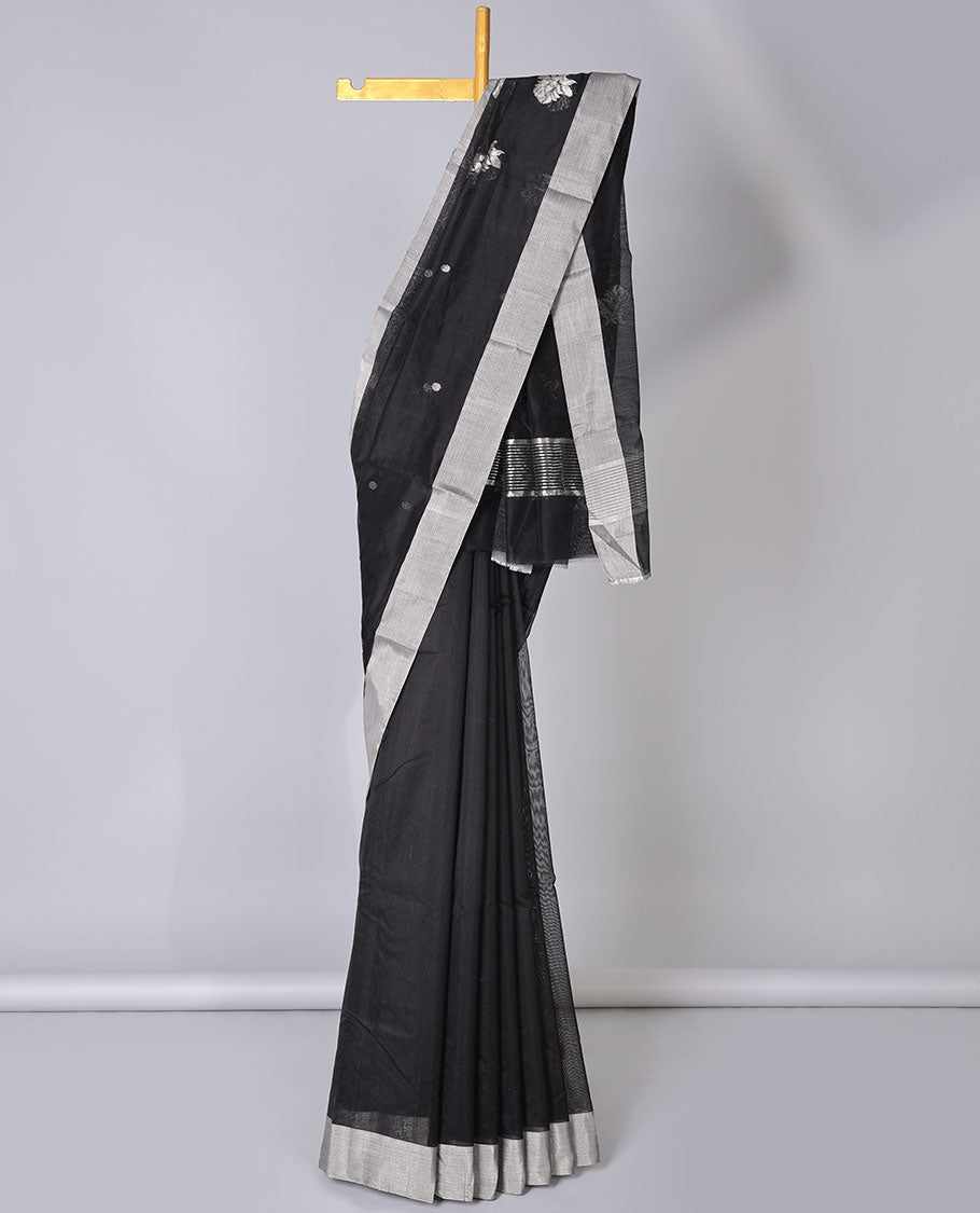 Elegant Black Chanderi Cotton Saree with Buttas, Plain Border & Floral Zari Pallu - Perfect for Weddings, Parties & Festive Occasions