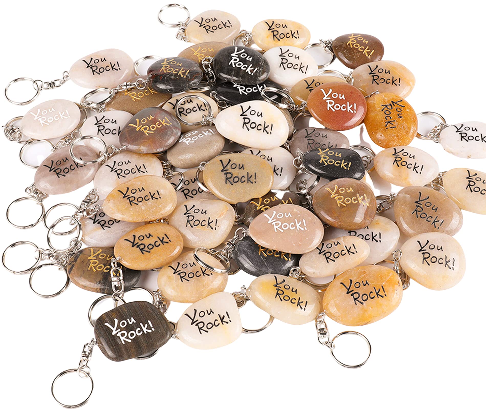 **ROCKIMPACT 100PCS Inspirational Stone Keychains - Engraved Natural River Rock Key Rings for Team Building, Employee Recognition & Motivational Gifts (You Rock! Bulk Pack) - Perfect for Corporate Events, Appreciation Gifts & Daily Encouragement**