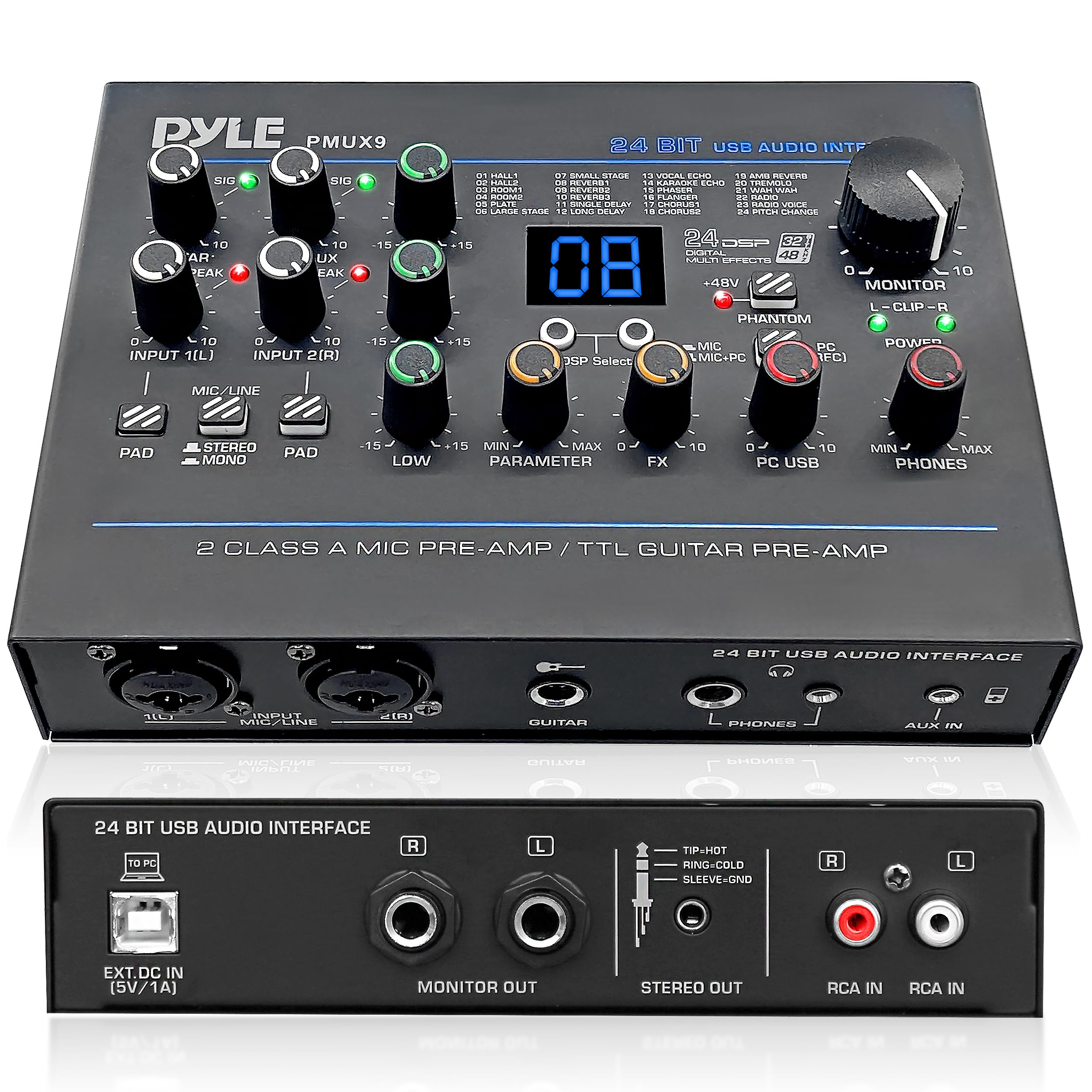 Pyle PMUX9 Professional USB Audio Interface with MIC/LINE, Guitar, AUX & RCA Inputs - 24 Digital Effects for Recording, Streaming & Podcasting - Compatible with PC, Mac, DAW Software - Perfect for Home Studio, Music Production & Live Performances