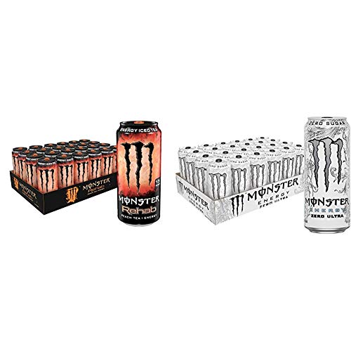 Monster Rehab Peach Tea Energy Drink & Zero Ultra Sugar Free Energy Drink - 15.5oz & 16oz Cans (24 Pack Each) - Refreshing Iced Tea & Low Calorie Boost for Workouts, Gaming & Outdoor Activities