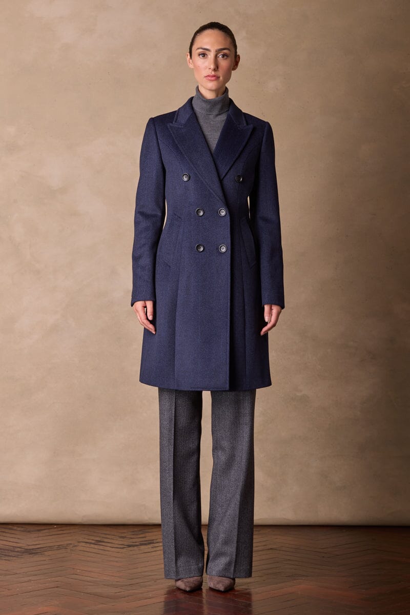 Loren Coat - Navy and Black Herringbone Wool Cashmere Blend Winter Overcoat for Men & Women | Warm Stylish Outerwear for Office, Dating & Formal Occasions