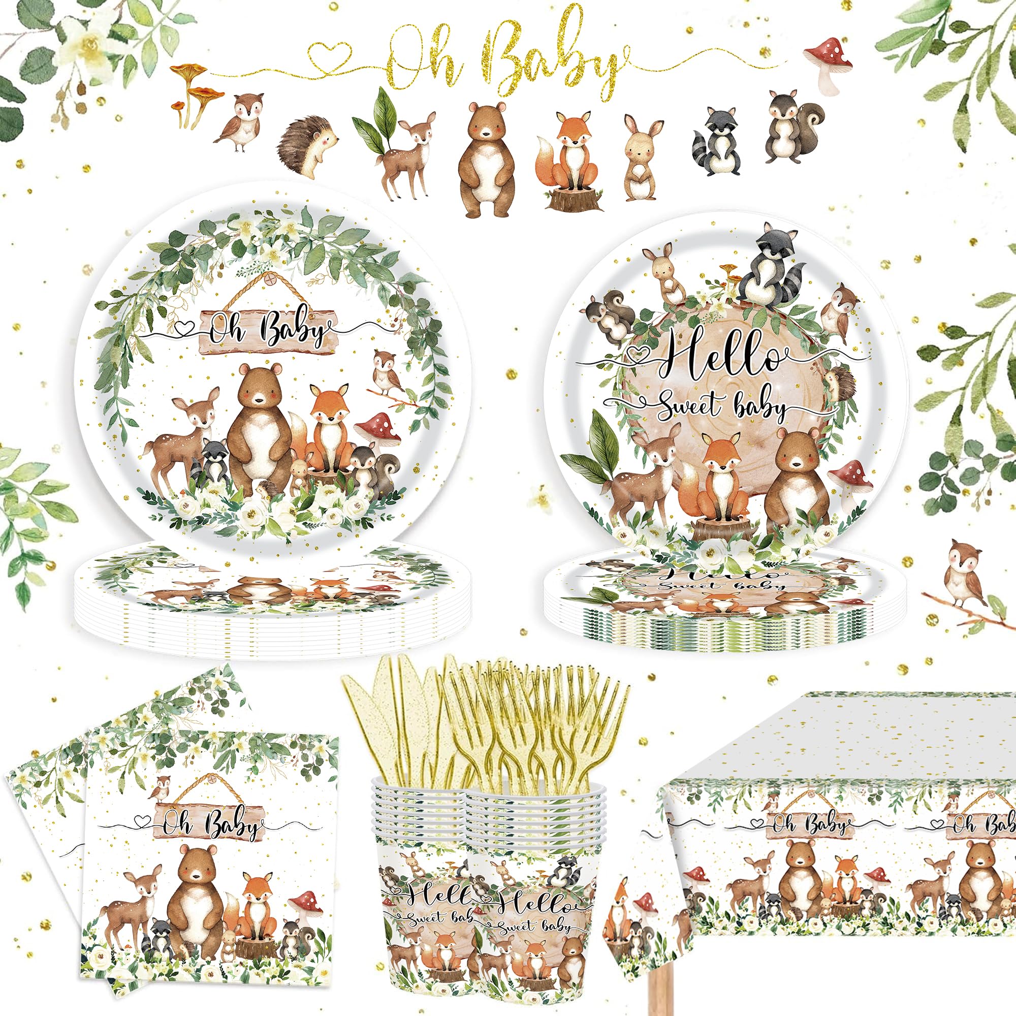122PCS Woodland Baby Shower Party Supplies Set - Safari Jungle Wild Animal Theme Decorations with Nature Sage Plates, Napkins, Cups, Forks, Knives, Banner & Tablecloth - Perfect for Boys & Girls Baby Shower Party (Serves 20 Guests) | Ideal for Jungle-Themed Celebrations, First Birthdays, and Gender Reveal Parties
