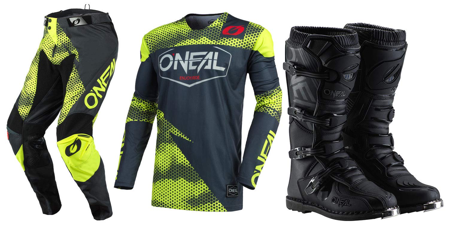 Oneal Mayhem-Lite Covert Charcoal/Neon Jersey Motocross Pants & Boots Combo - Size MD/W28/Boot 9 - Durable Off-Road Gear for MX Racing & Trail Riding