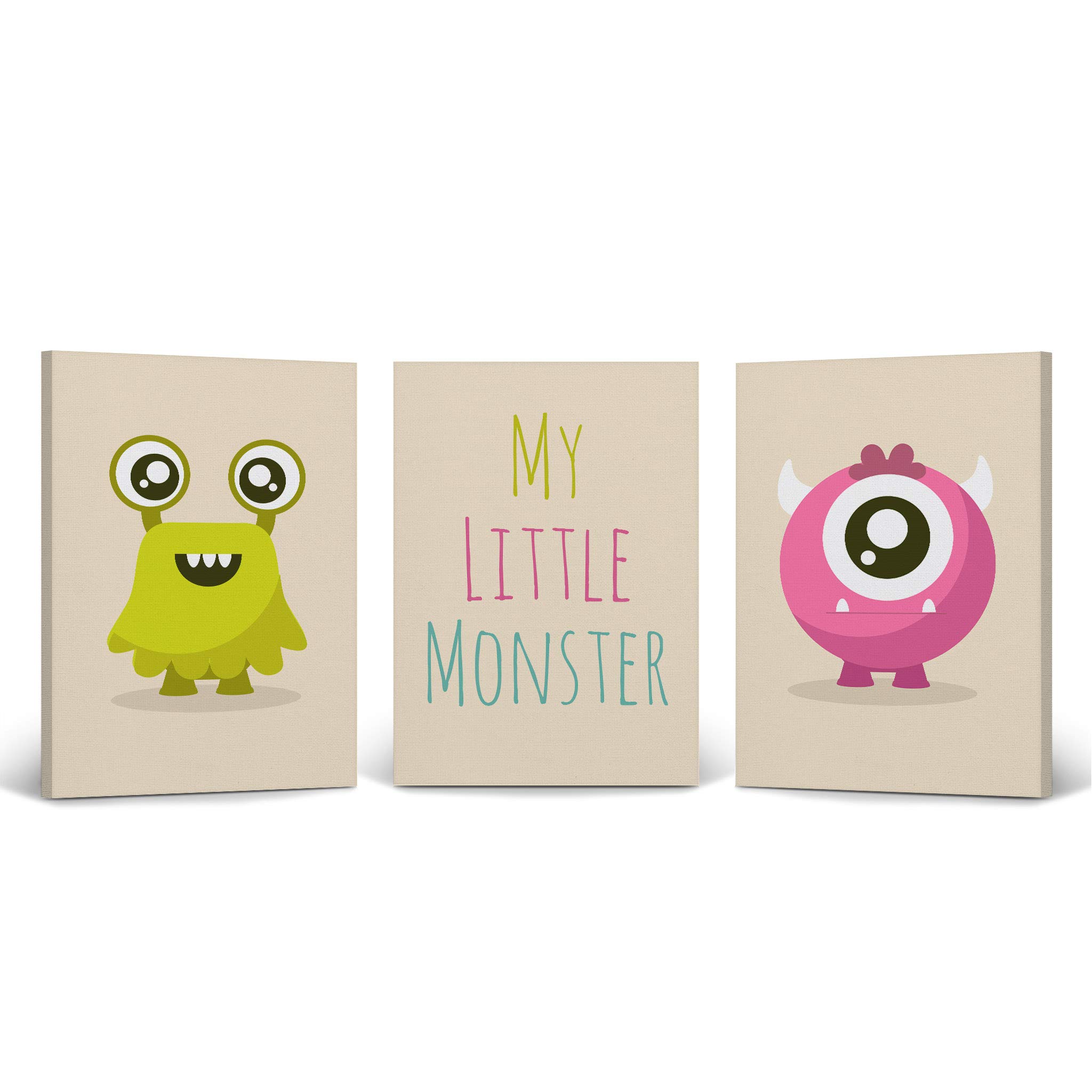 Smile Art Design Green and Pink My Little Monster Lettering Canvas Print Set - 3 Piece Kids Room Wall Art Decor for Baby Boy & Girl Nursery - Ready to Hang (22x15 Inches) - Made in USA | Perfect for Nursery, Playroom & Children's Bedroom Decor
