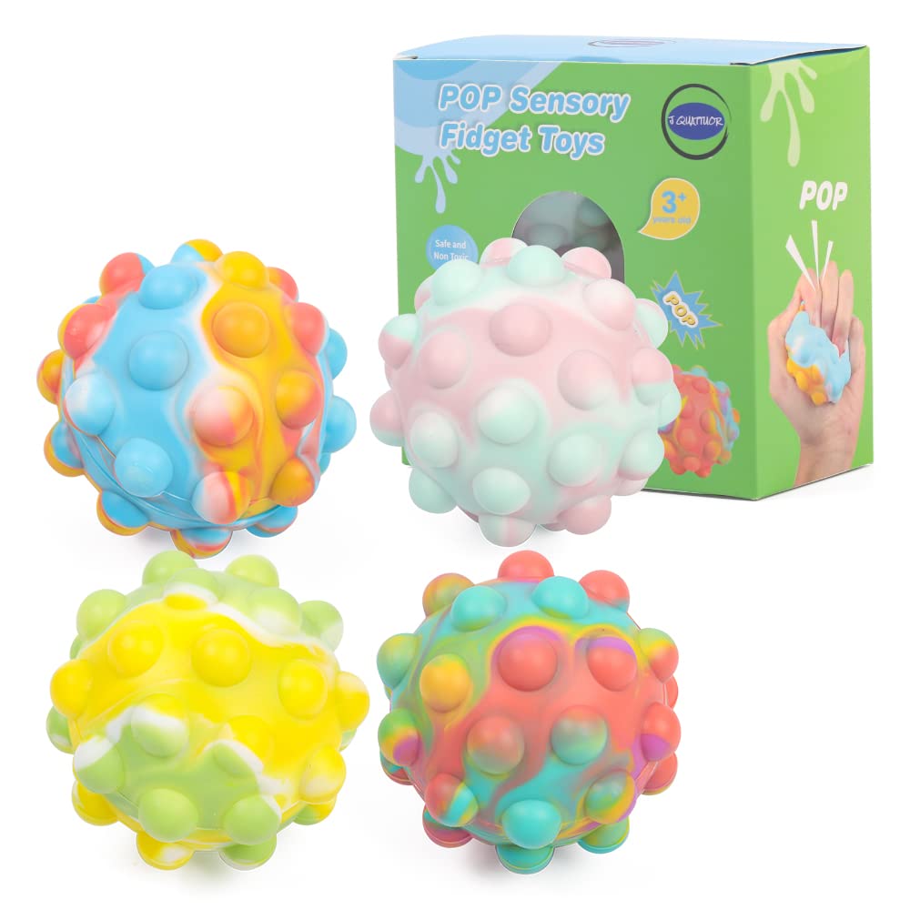 3D Push Pop Fidget Toy Balls - Silicone Bubble Squeeze Sensory Toys for Stress & Anxiety Relief - Autism Friendly Relaxation Toys for Kids, Adults & Pets (4-Piece Set) - Perfect for Home, Office & Travel Stress Relief