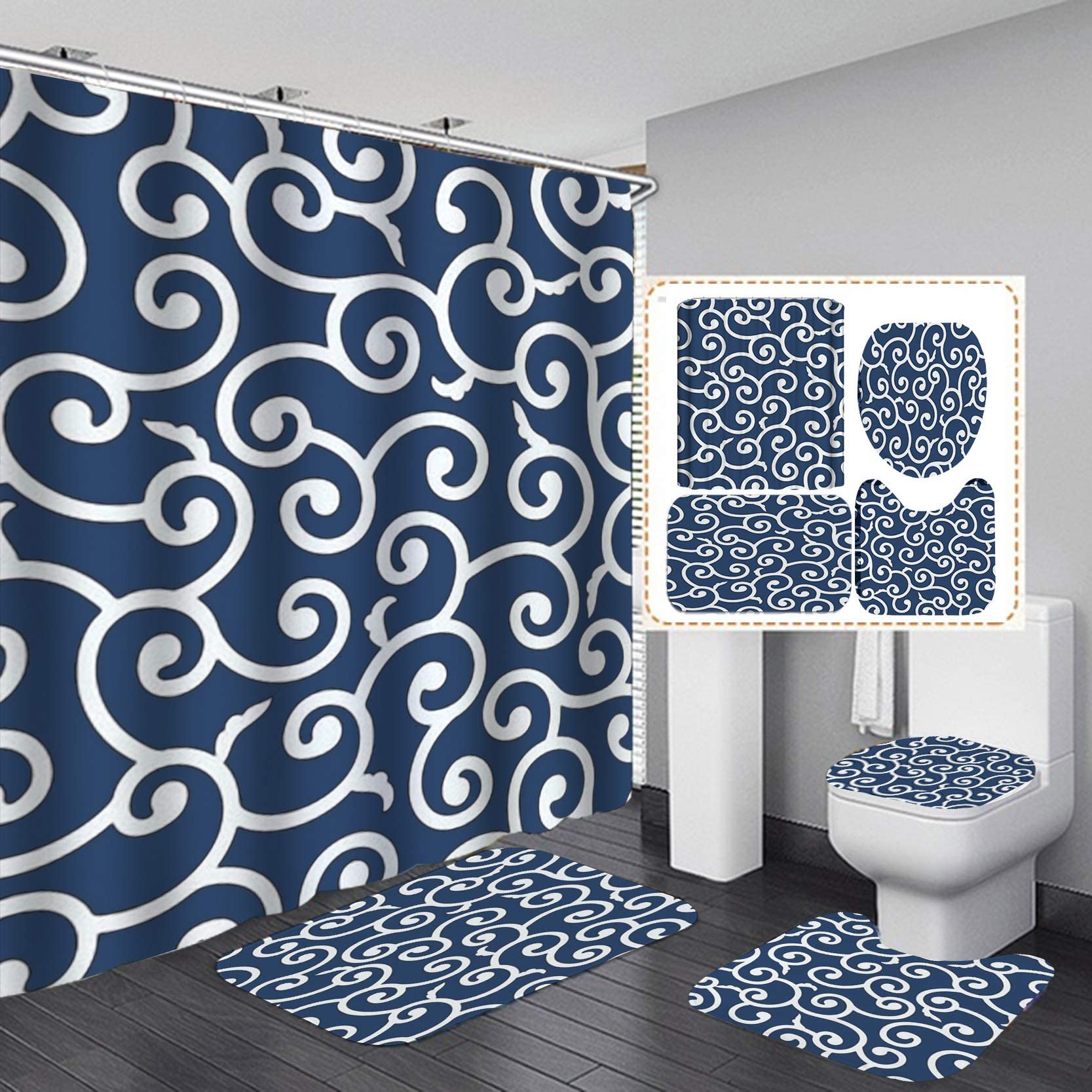 LIXFDJ 4-Piece Bathroom Set - Waterproof Anti-Slip Shower Curtain, 2 Bath Mats & Toilet Lid Cover | Modern Bathroom Decor Accessories | Perfect for Home, Apartment & Guest Bathroom Renovation