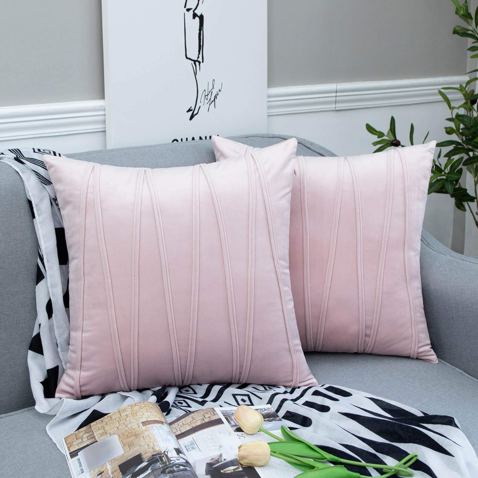 Luxury Velvet Striped Decorative Throw Pillow Covers Set of 2 - 18x18 Inch Soft Cushion Covers for Sofa, Couch & Bed - Elegant Home Decor Accent for Living Room, Bedroom & Dorm (Pink)