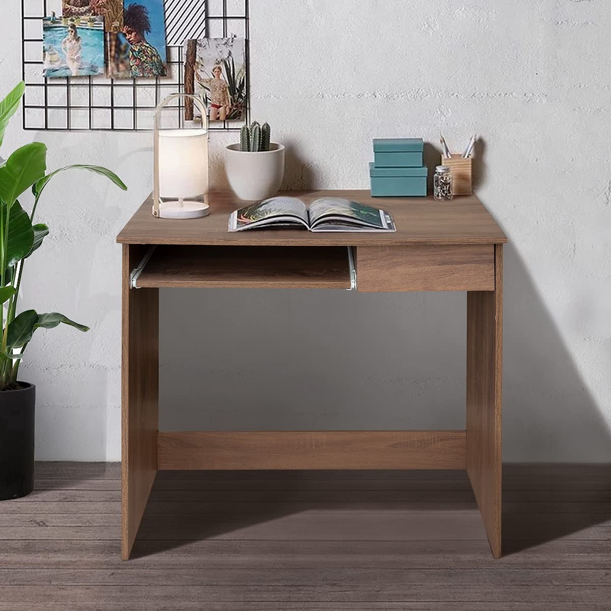 Solid Wood Computer Desk with Drawer & Keyboard Tray - Walnut Finish Home Office Desk for Work, Study, and Gaming