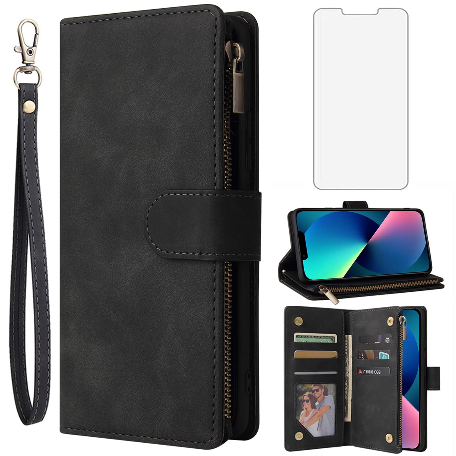 ASUWISH iPhone 13 Mini Wallet Case with Tempered Glass Screen Protector - Flip Cover Card Holder & 5G Compatible Phone Case for Women & Men (Black) - Perfect for Everyday Use, Travel, and Secure Card Storage