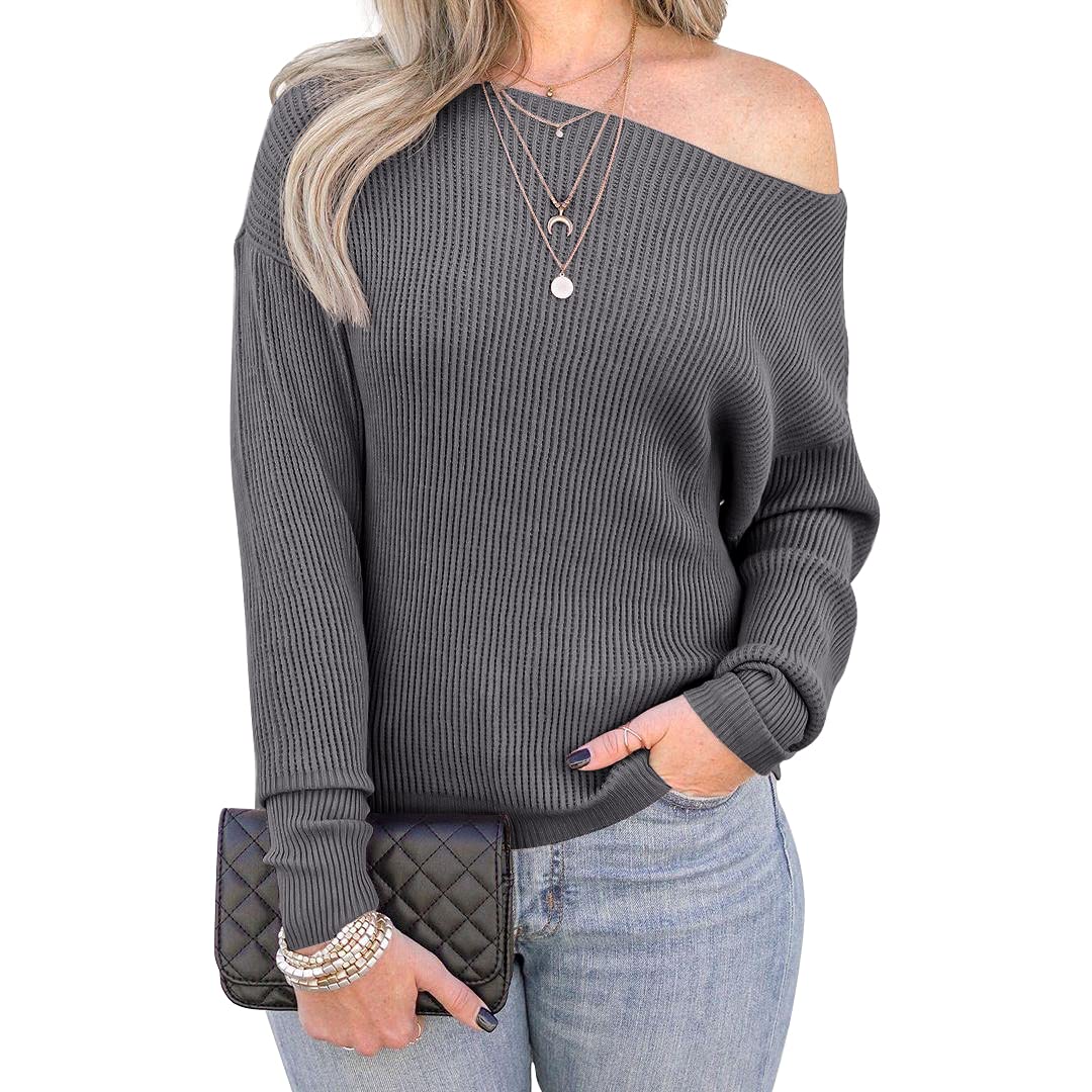 IWOLLENCE Women's Off Shoulder Waffle Knit Sweater - Batwing Long Sleeve Loose Pullover Jumper for Fall & Winter | Casual Outfit, Date Night, Office Wear