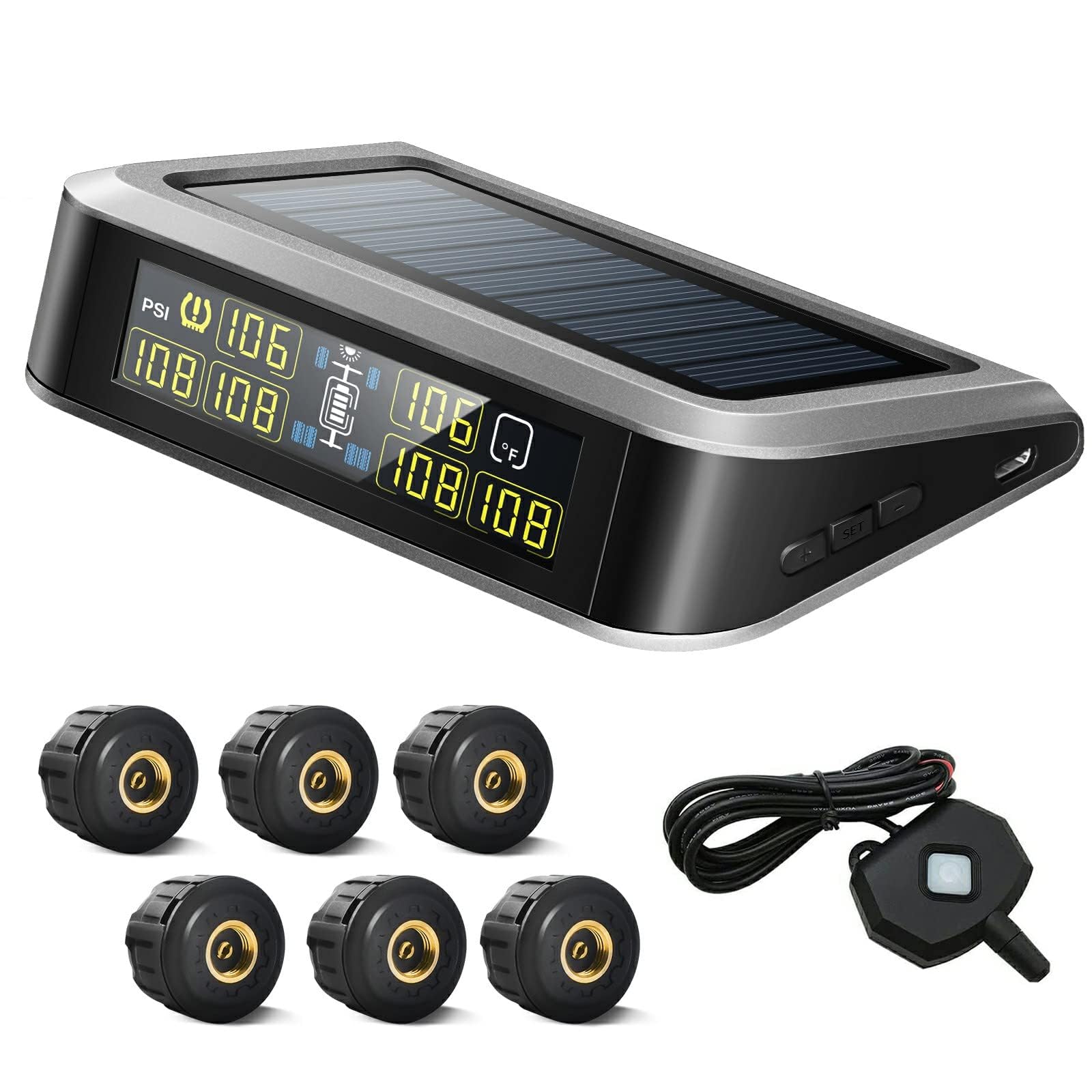 Solar-Powered TPMS with 6 Sensors (0-199 PSI) - 7 Alarm Modes & 98ft Range - Wireless Tire Pressure Monitoring System for SUV, RV, Trailer - Perfect for Long Road Trips & Heavy-Duty Vehicles