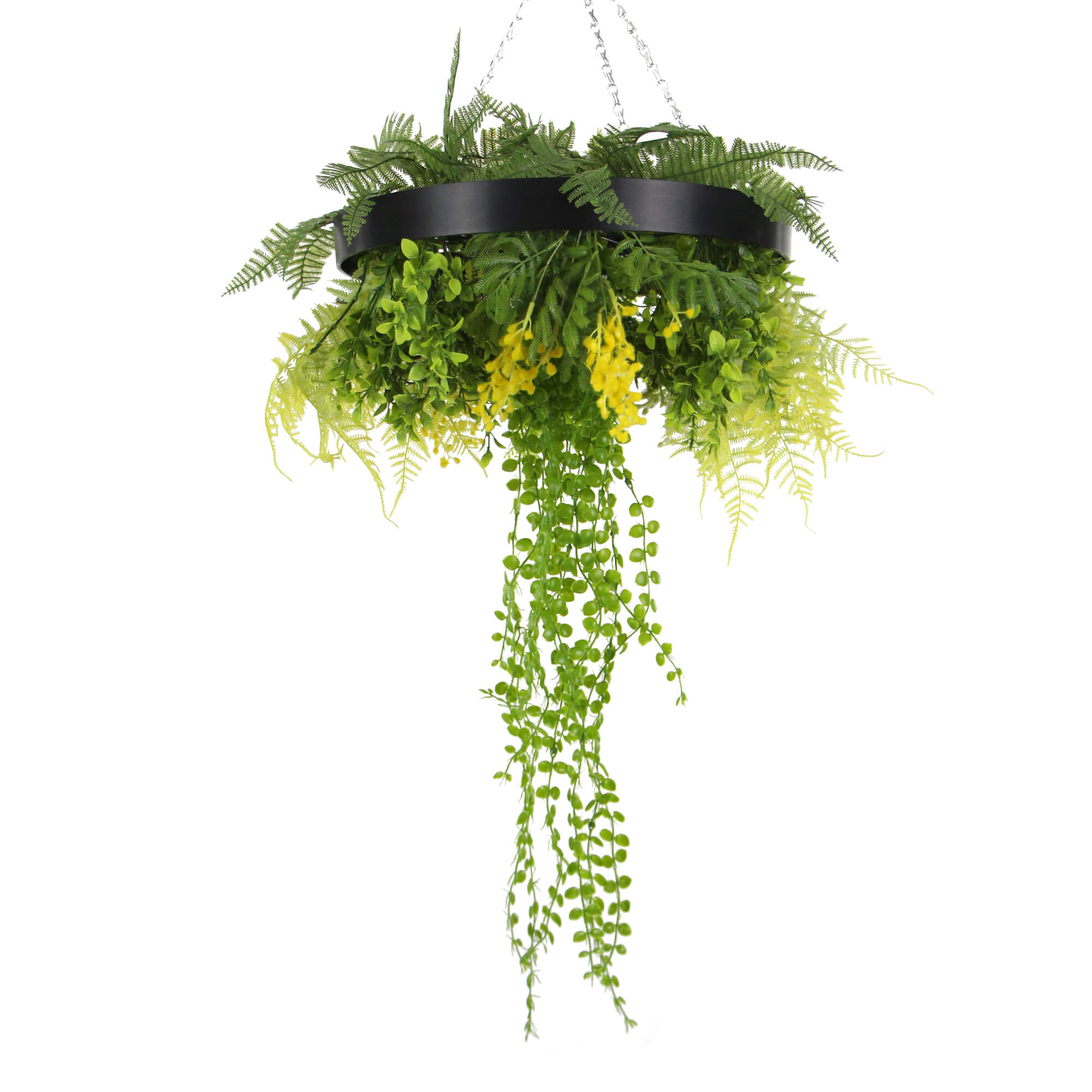 40cm Black Framed Hanging Disc with Realistic Artificial Plants - Perfect for Indoor Home Decor, Office Greenery, and Wall Garden Displays