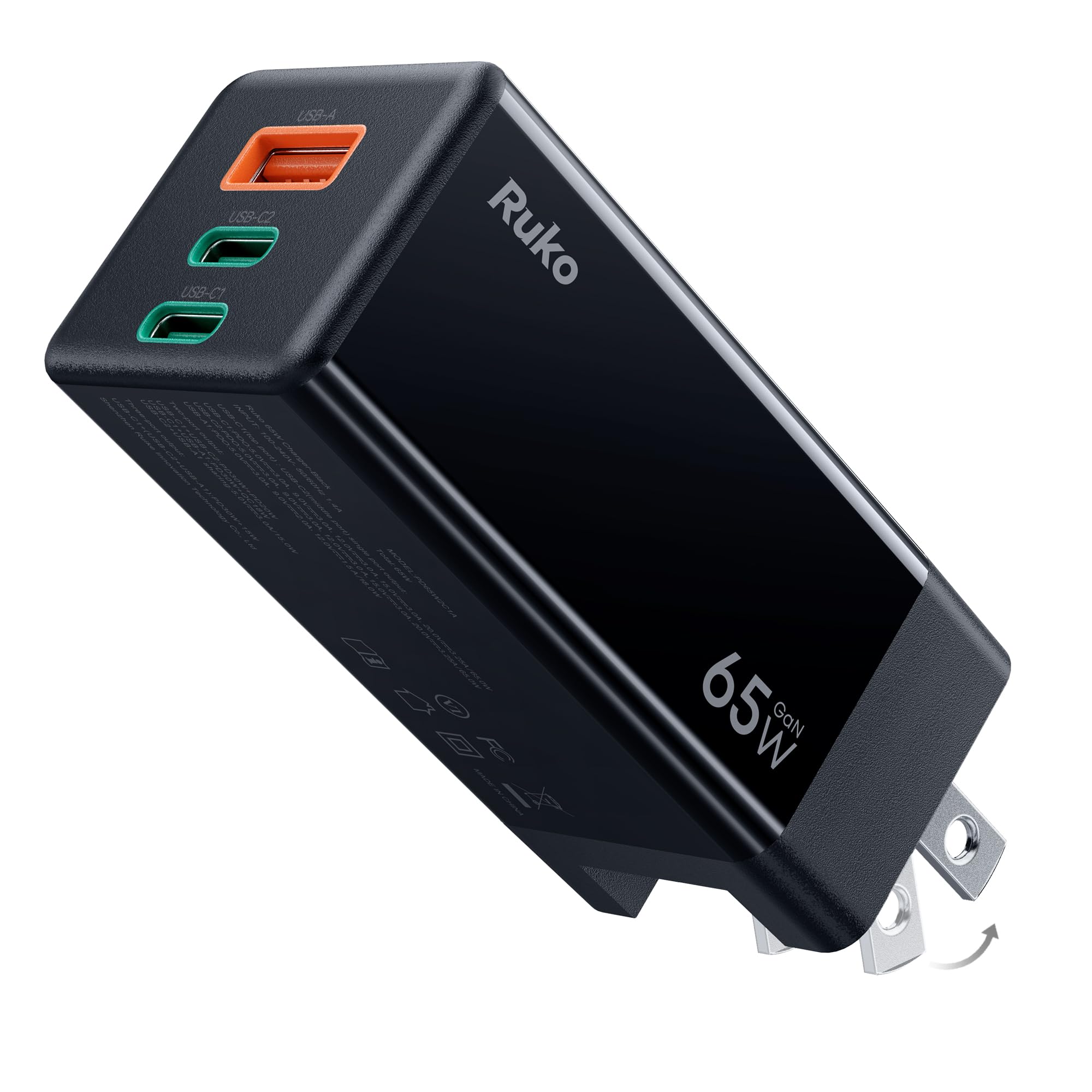 Ruko PD65W USB C GaN Fast Charger - 3-Port Compact Foldable Wall Charger for iPhone 16/15 Pro/Max, MacBook Pro/Air, Galaxy S24 Ultra, Google Pixel 8, Nintendo Switch, DJI Drone - Fast Charging for Travel, Office & Home Use (Black)