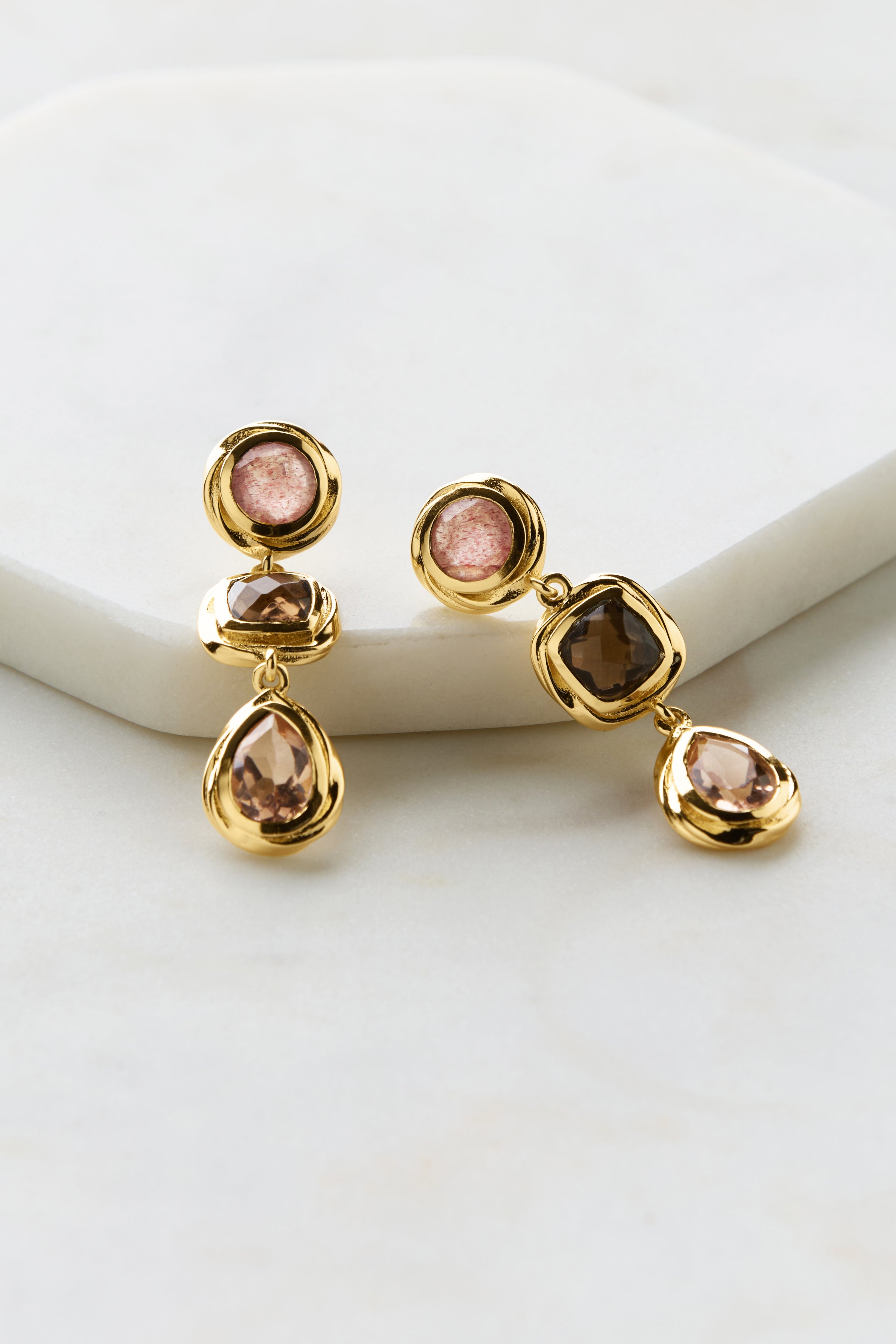Scarlett Earrings - Strawberry Quartz, Smokey Quartz & Morganite Gemstone Stud Earrings for Women | Perfect for Weddings, Parties & Everyday Wear
