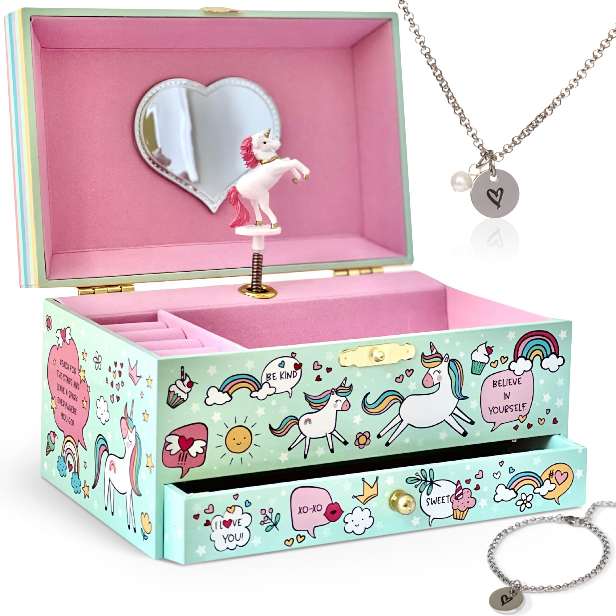 Musical Unicorn Jewelry Box for Girls - Kids Music Box Jewelry Organizer with Drawer Plays 'You Are My Sunshine' - Includes Heart Necklace & Bracelet Set - Perfect Gift for Birthdays, Christmas & Room Decor