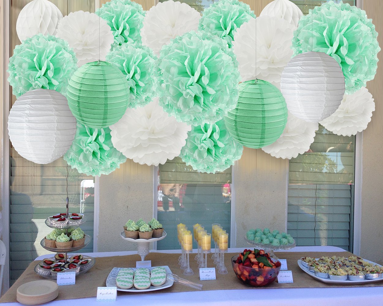 Large White Mint Tissue Paper Pom Poms & Honeycomb Balls - Wedding Decorations, Bridal Shower, Engagement Party Hanging Decor - Perfect for Ceiling, Backdrop, and Table Centerpieces