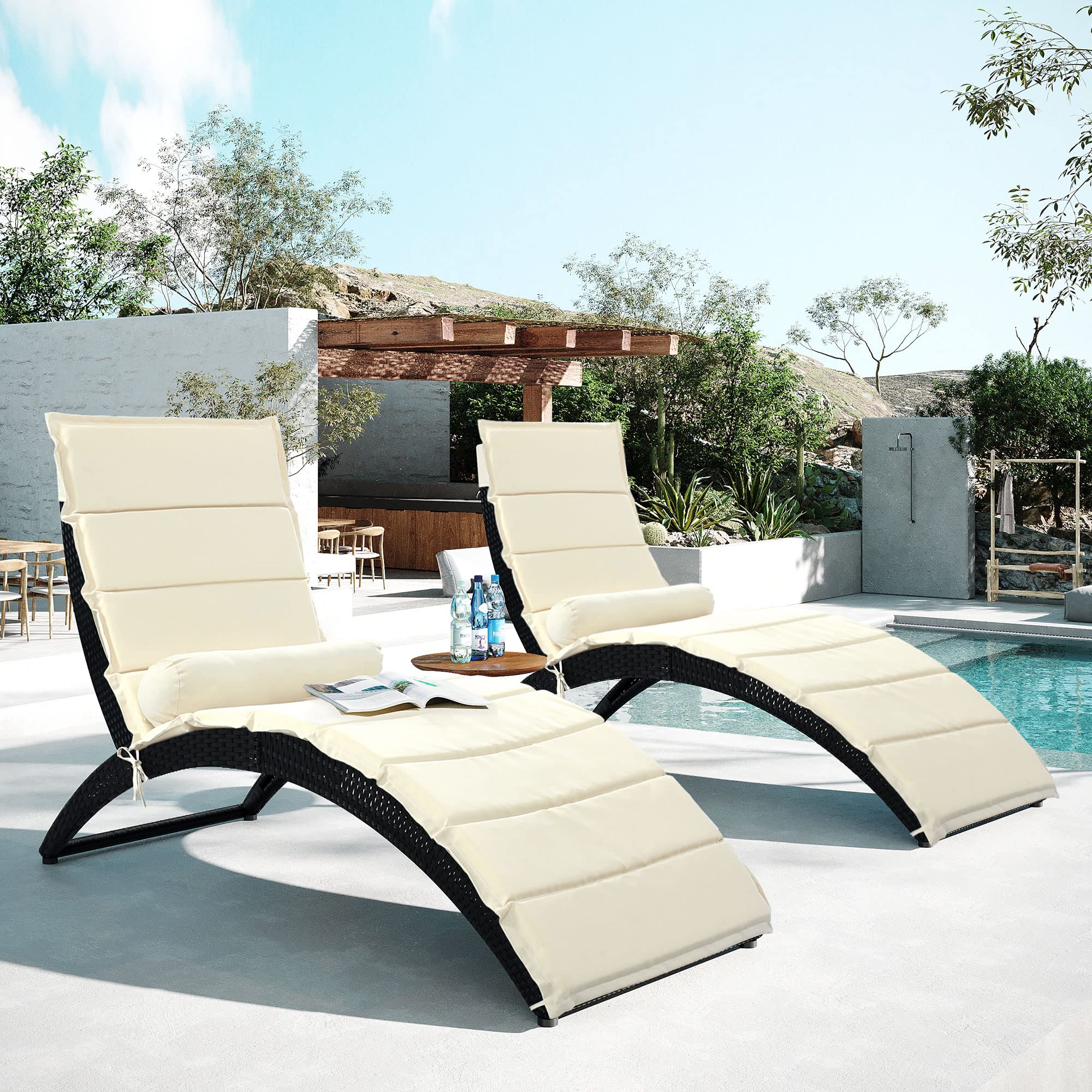 Merax Patio Chaise Lounge Chair Set of 2 - Outdoor Rattan Foldable Sun Lounger with Cushions & Bolster Pillow - PE Wicker Poolside Chaise for Garden, Lawn, Backyard & Beach Relaxation (Beige)