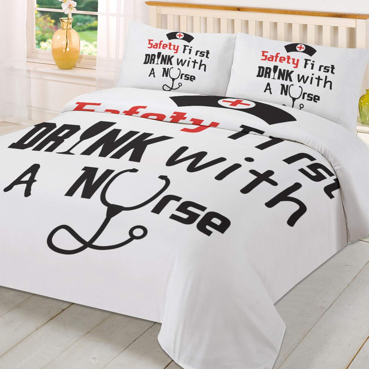 100% Washed Microfiber Duvet Cover Set - 3 Piece Luxury Bedding Collection | Ultra Soft Organic Queen Size Duvet Cover for All Seasons | Perfect for Home, Hotel & Airbnb | Includes Safety First Nurse Stethoscope Wine Glass in White