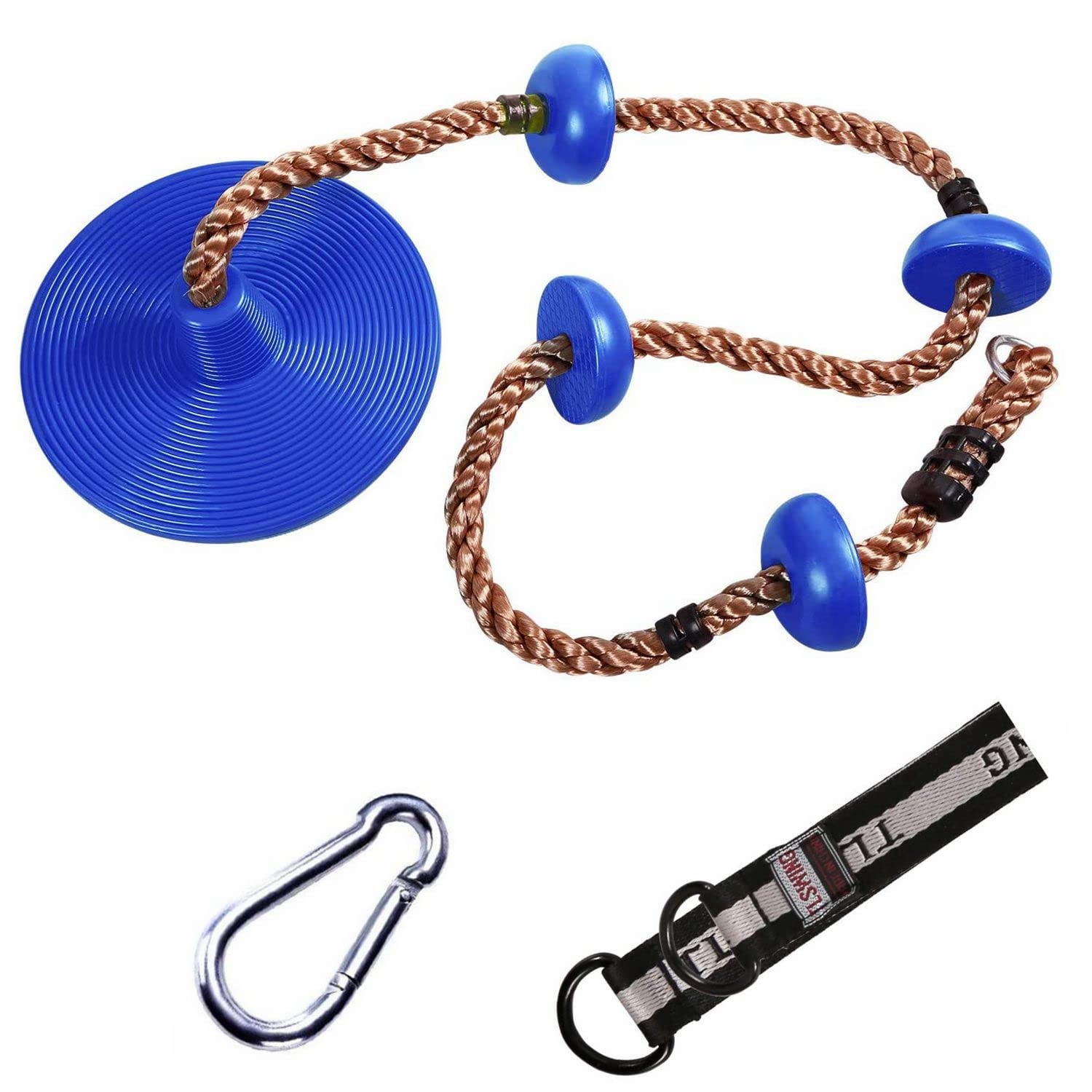 Yangogle Kids Tree Swing Set with Climbing Rope, Platform & Disc Swing Seat - Outdoor Playground Accessories with Carabiner & Hanging Strap (Blue Disc + Coffee Rope) - Perfect for Backyard, Park & Treehouse Play