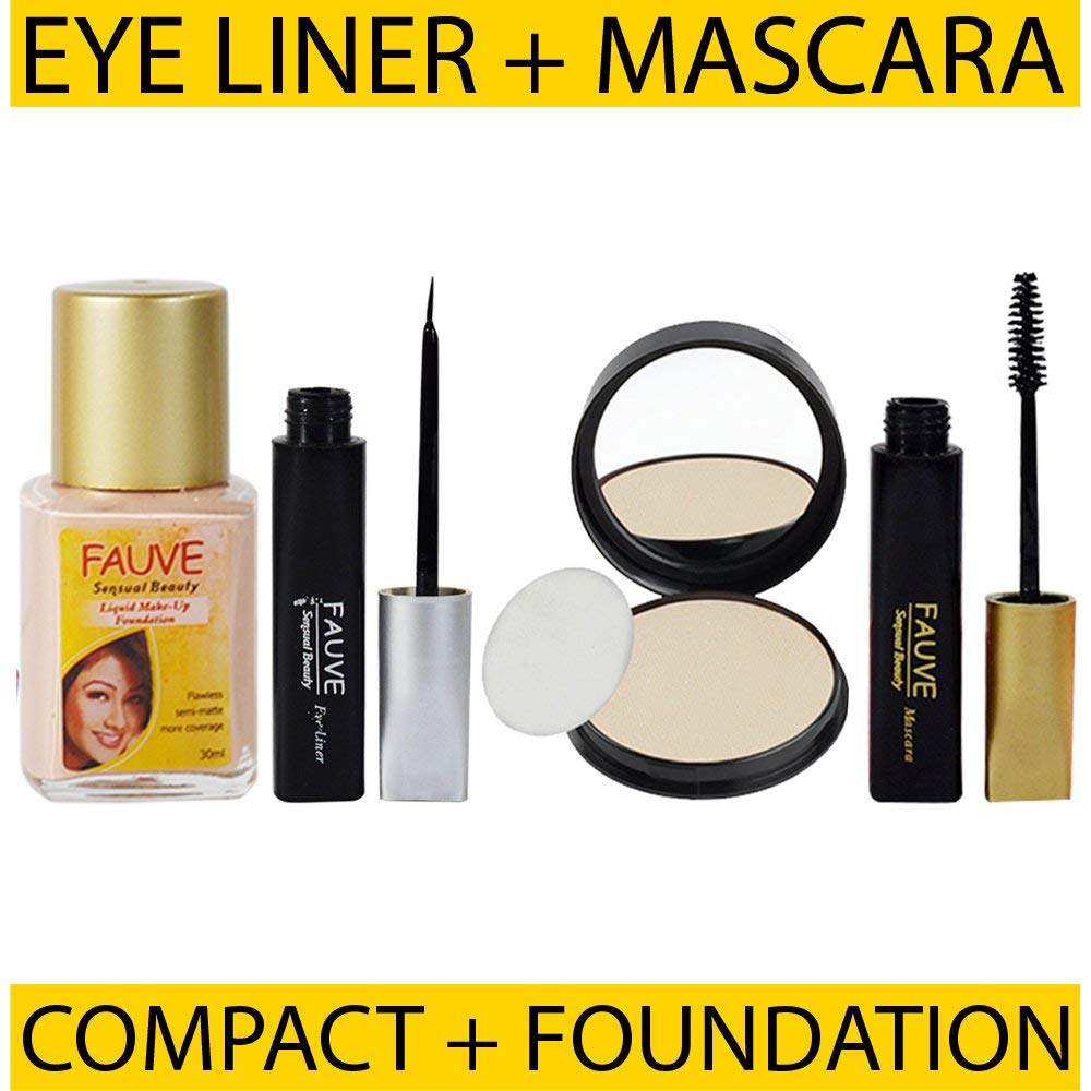 Fauve Waterproof Eyeliner, Volumizing Mascara, Full Coverage Foundation & Matte Compact Powder - Makeup Kit for Party, Wedding & Daily Use