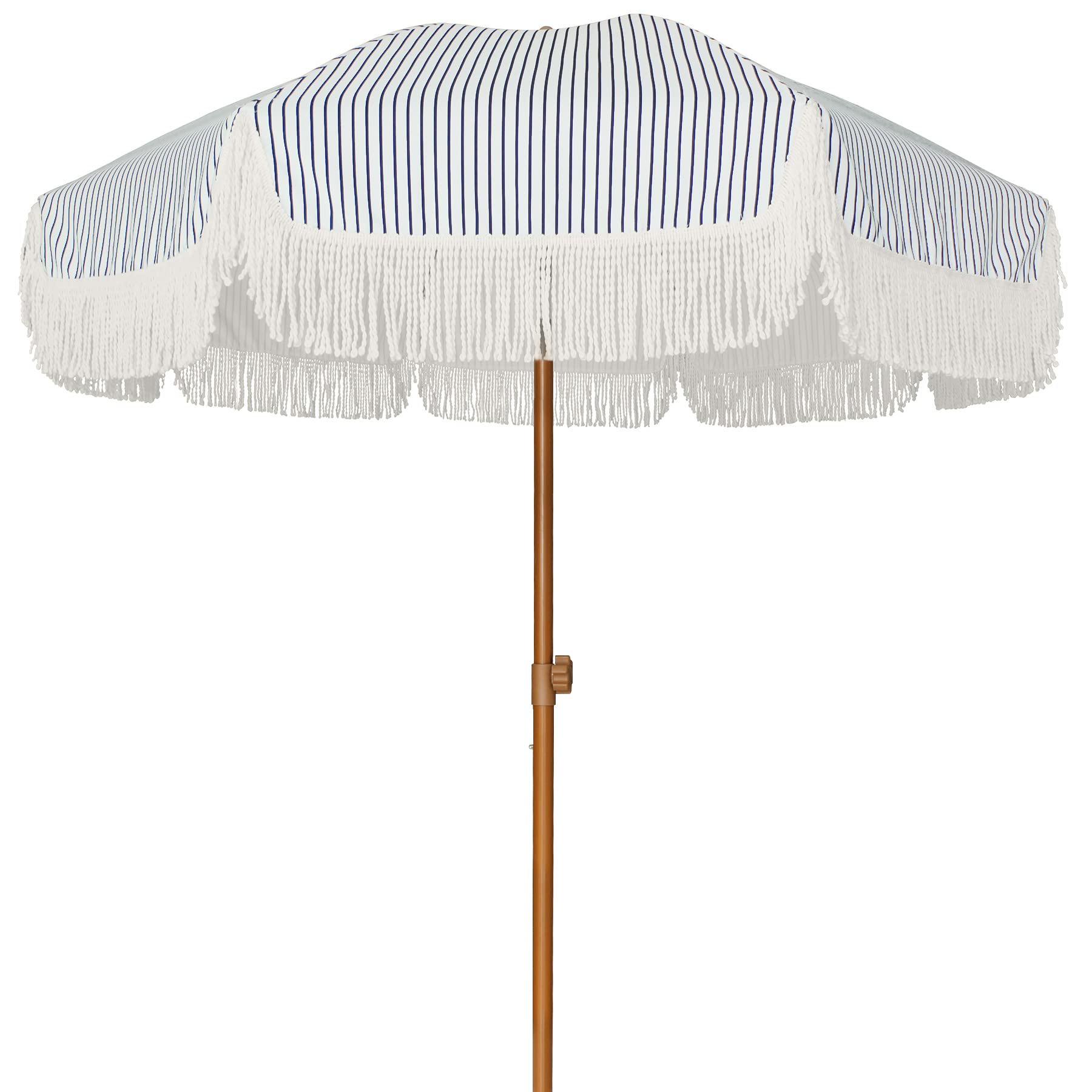 AMMSUN 7ft Outdoor Patio Umbrella with Fringe Tassel - UPF50+ Sun Protection, Premium Steel Pole & Ribs, Push Button Tilt - Navy Blue Stripes Design for Garden, Poolside, and Backyard Relaxation