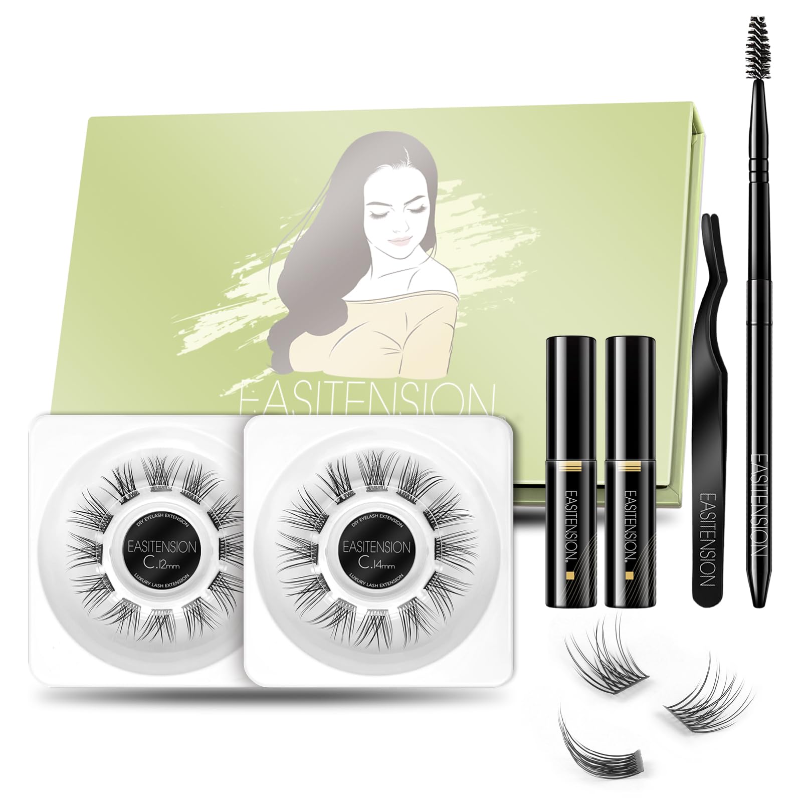 DIY Eyelash Extension Kit - 24 Clusters Natural Lashes with Glue Bonded Band, 12mm & 14mm C Curl Lashes for Home Use - Perfect for Bridal, Party & Everyday Makeup Looks