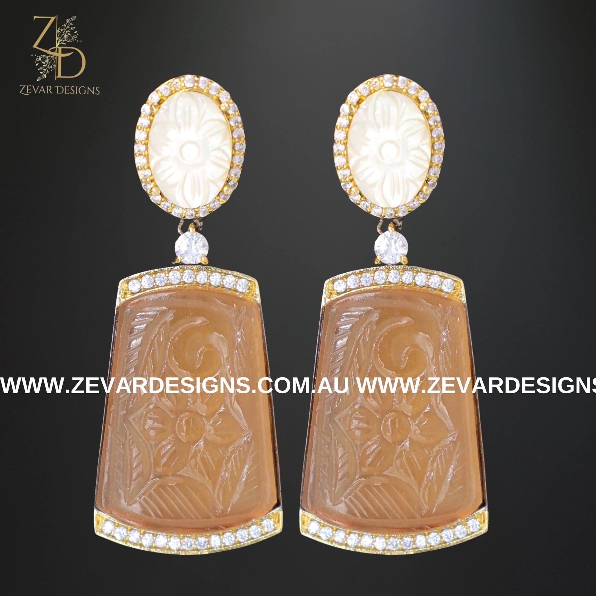 Exquisite Kundan AD Earrings with Hand-Carved Peach Stone – Perfect for Weddings, Parties & Ethnic Fashion