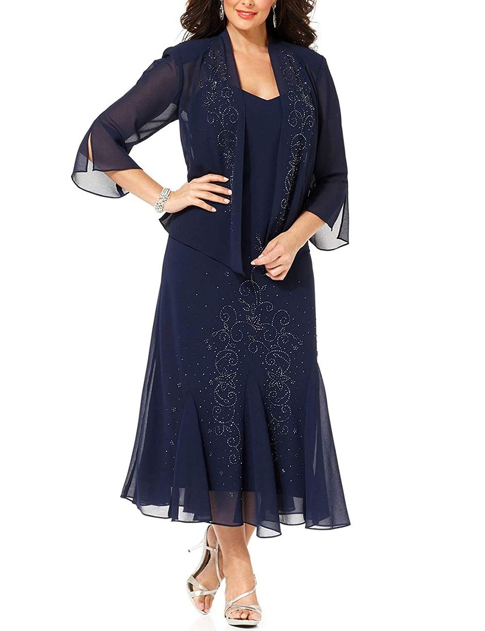 Elegant Plus Size Mother of The Bride Dress with Jacket - Beaded Tea-Length Formal Evening Gown for Weddings, Parties & Special Occasions