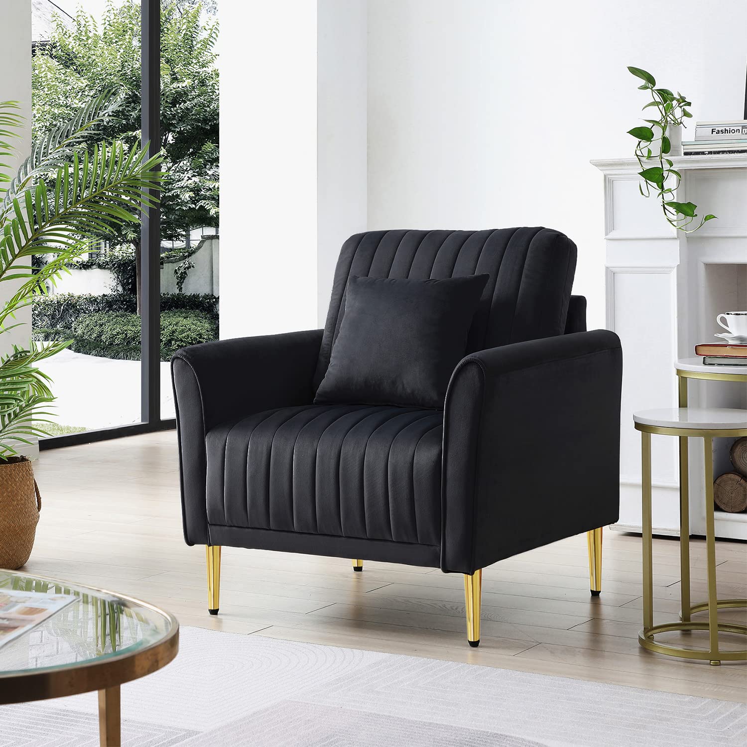 Modern Velvet Single Sofa Chair - Accent Armchair with Removable Backrest Pillows & Golden Metal Legs - Comfortable Living Room Chair for Reading, Lounging in Bedroom, Office or Apartment - Perfect for Small Spaces & Home Decor (Black)