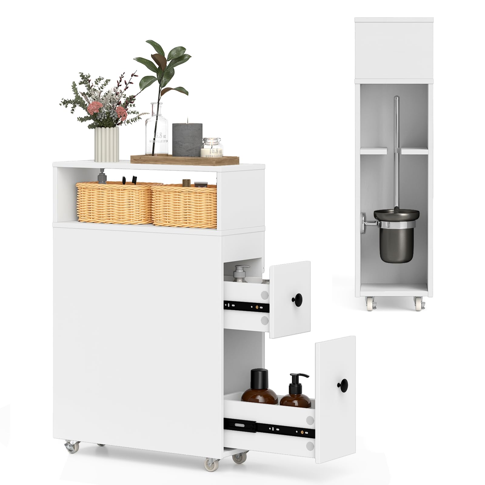 Giantex Slim Bathroom Storage Cabinet with Wheels - 2 Drawers, 2 Baskets & Brush Holder - Over The Toilet Organizer for Small Spaces - Perfect for Narrow Corners, Apartments & Tiny Bathrooms