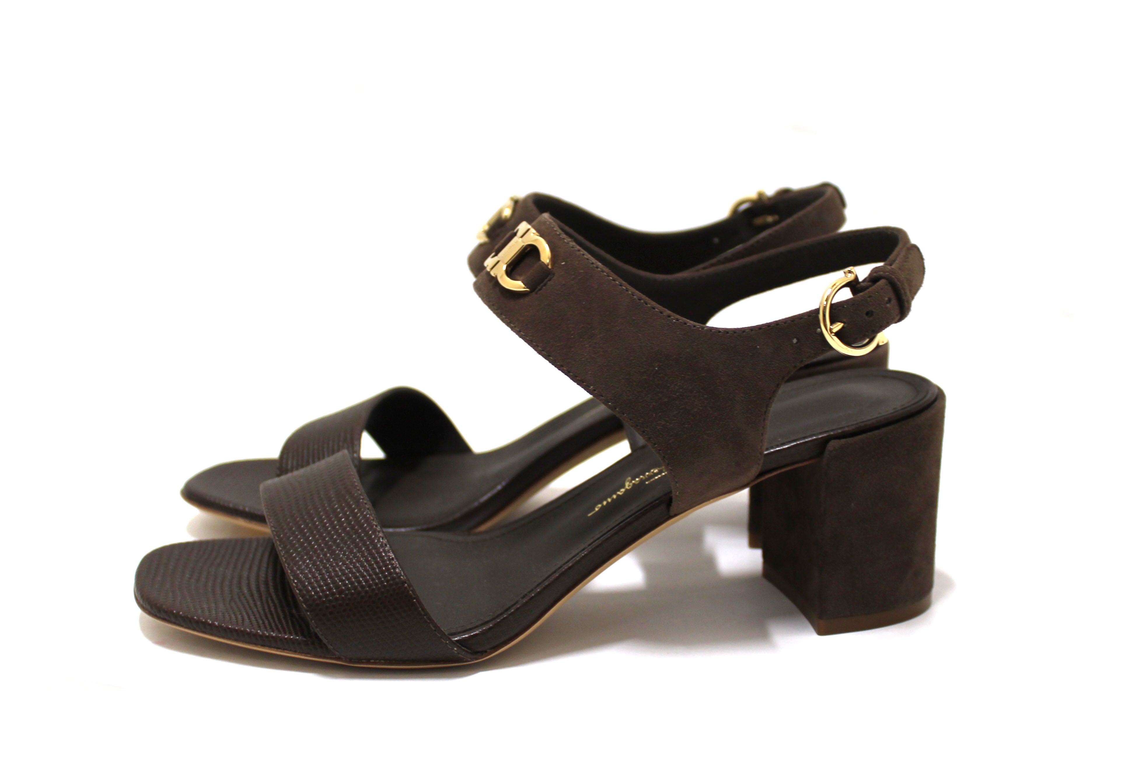 Authentic Salvatore Ferragamo Cayla 55 Women's Brown Leather & Suede Sandals - Size 9C - Luxury Italian Designer Shoes for Casual & Dressy Occasions