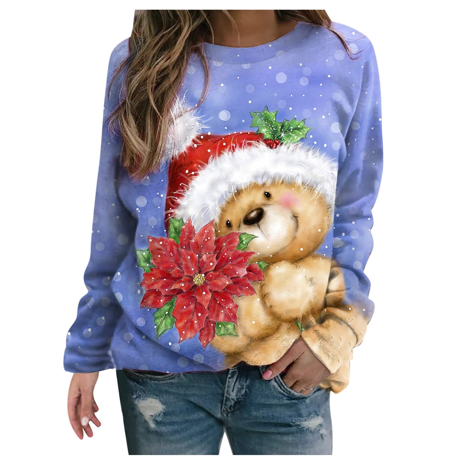 Women's Christmas Tops - Cute Printed Long Sleeve T-Shirts & Pullover Sweatshirts | Casual Crewneck Loose Fit Comfortable Holiday Shirts for Parties, Gifts & Family Gatherings
