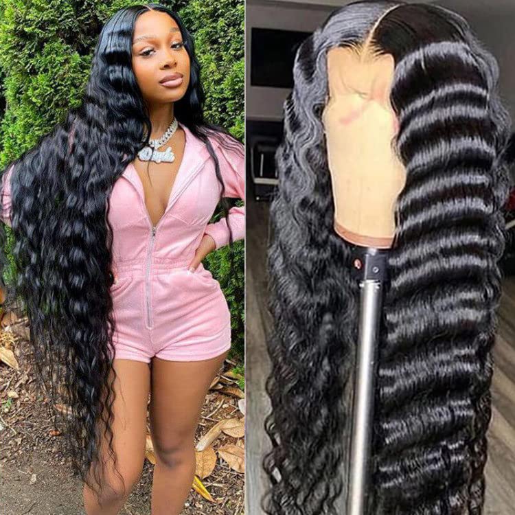Ulamaz 13x4 Transparent Lace Front Wig - 180% Density Human Hair Deep Wave Wig for Women - Natural Black Long Wig (30 Inch) - Perfect for Daily Wear, Parties, and Special Occasions