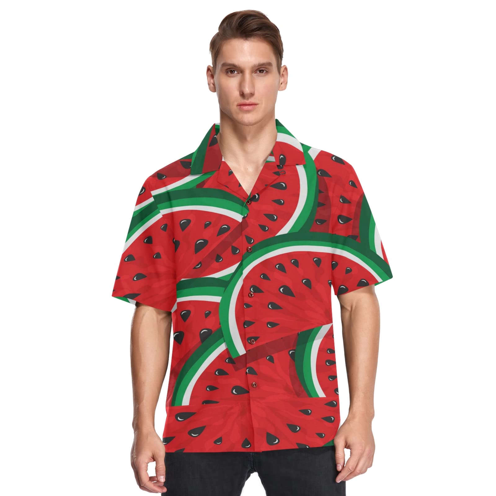 Men's Hawaiian Shirt Short Sleeve - Summer Watermelon Fruit Print Casual Shirt for Beach Vacation, Luau Party & Tropical Outfit