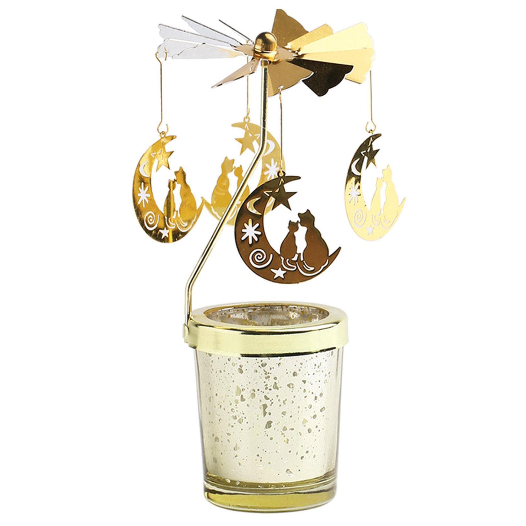 Gold Spinning Candle Holder - Rotating Christmas Carousel Tea Light Candlestick for Romantic Wedding, Home Table Decor, Holiday Centerpiece | Perfect for Christmas Decorations, Wedding Receptions & Cozy Dinner Ambiance (Moon Cat Design)