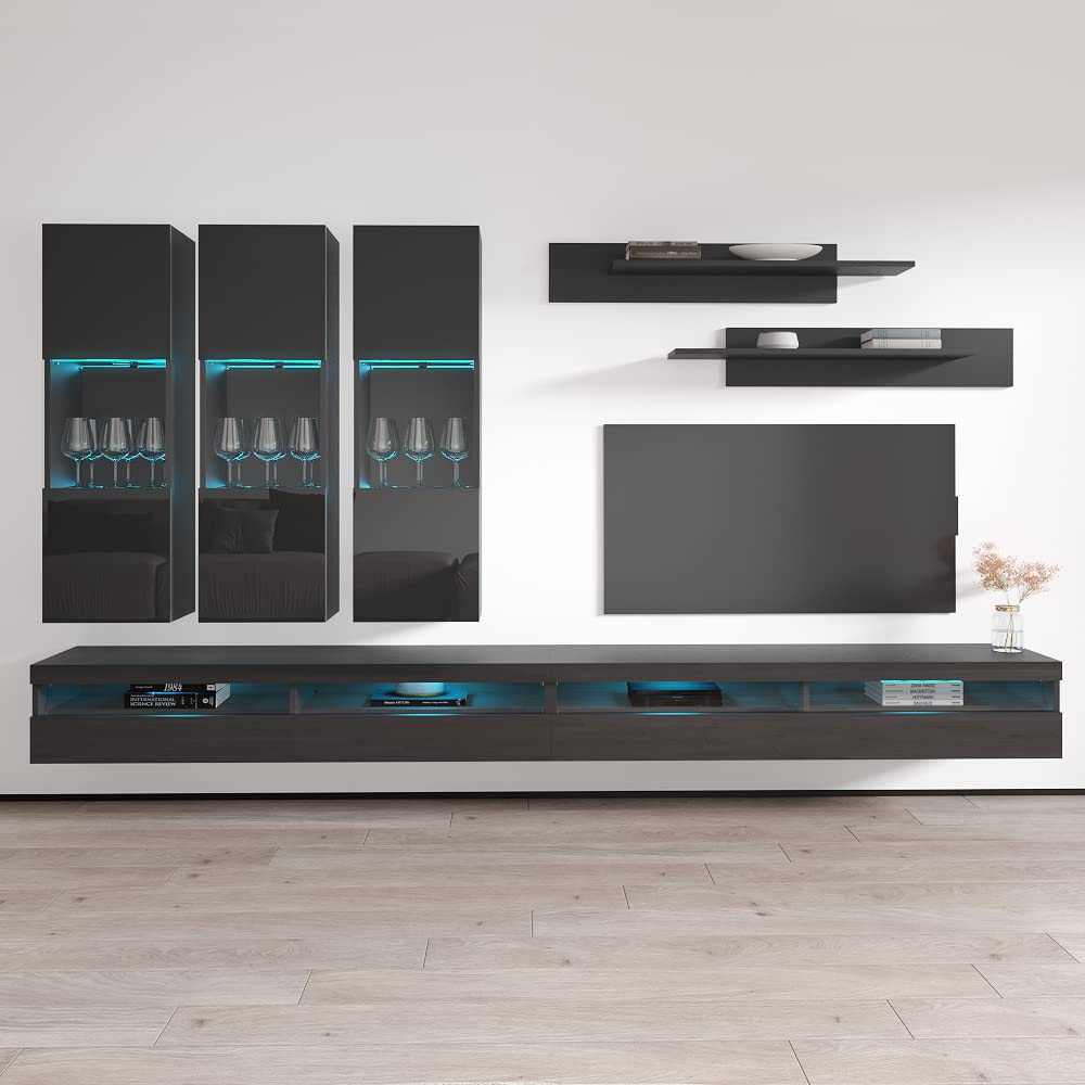 Modern Wall-Mounted TV Stand with Storage Shelves & LED Lights - Fly E 35 Entertainment Center for Living Room & Bedroom - Space-Saving Floating TV Console with Adjustable Shelves (E2, Gray) - Perfect for Small Apartments, Dorms, and Home Theater Setups