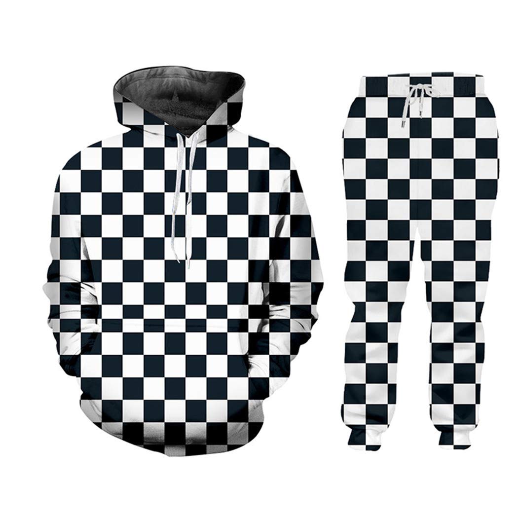 FULBHPRINT Black & White Plaid Checkerboard 3D Print Hoodie and Sweatpants Set - Casual Unisex Tracksuit for Men & Women | Perfect for Streetwear, Gym, and Lounge Wear