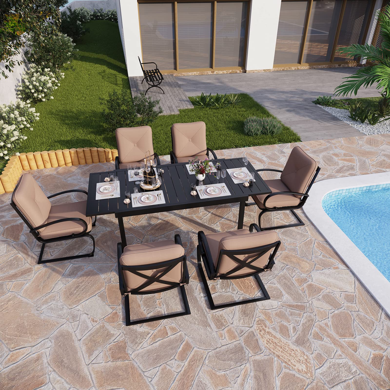 PHI VILLA 7-Piece Outdoor Patio Furniture Set with 6 Spring Motion Cushion Chairs & Extendable Metal Table - Durable Garden, Yard, Lawn Dining Set (Red) | Perfect for Backyard BBQs, Poolside Relaxation, and Outdoor Entertaining