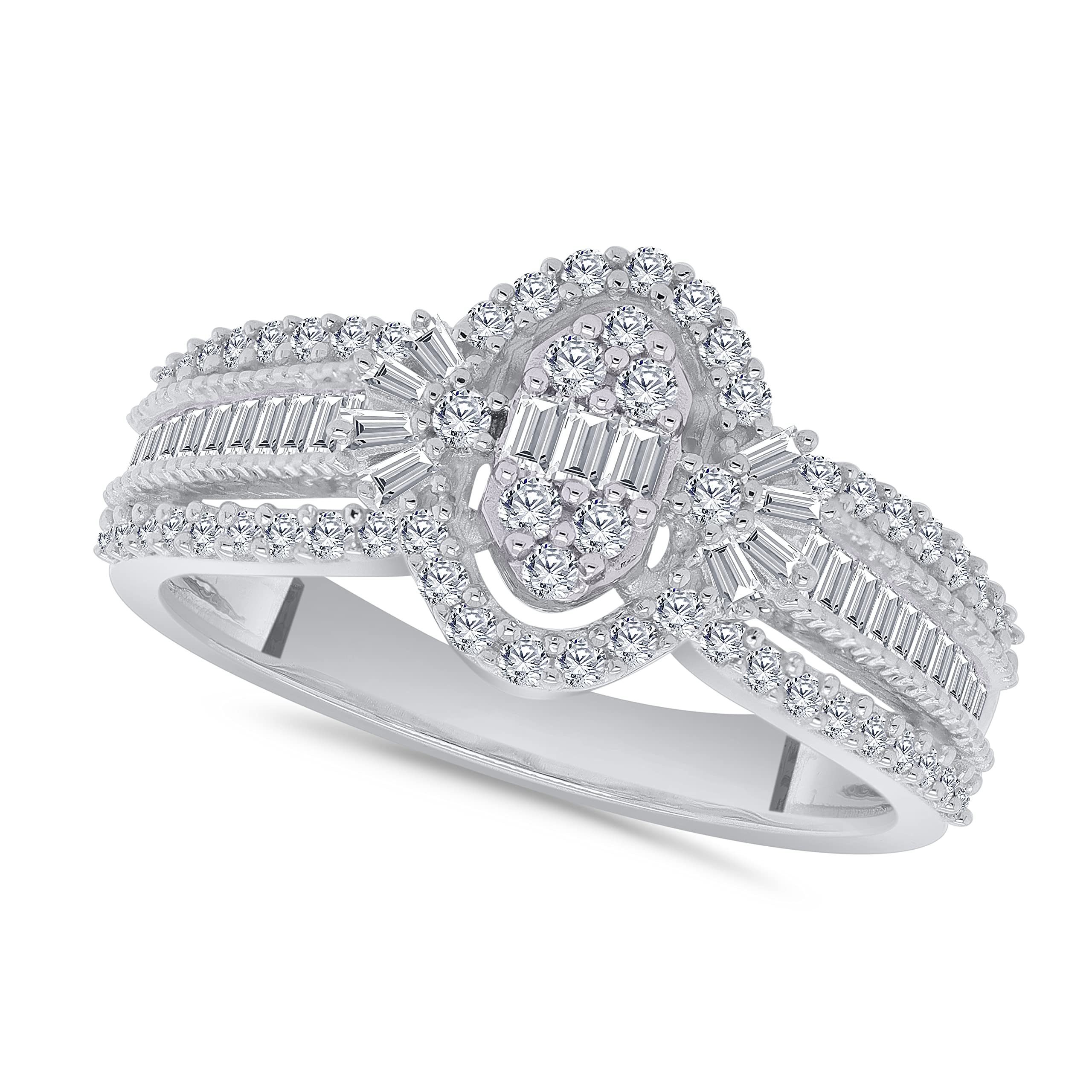 Shineadime Halo Engagement Ring - 3/5 Carat Round & Baguette White Natural Diamond Art Deco Ring in 14k Gold Over Sterling Silver, I2 Clarity, J Color, 0.61 Cttw - Perfect Wedding Proposal, Anniversary Gift for Her, Valentine's Day Present