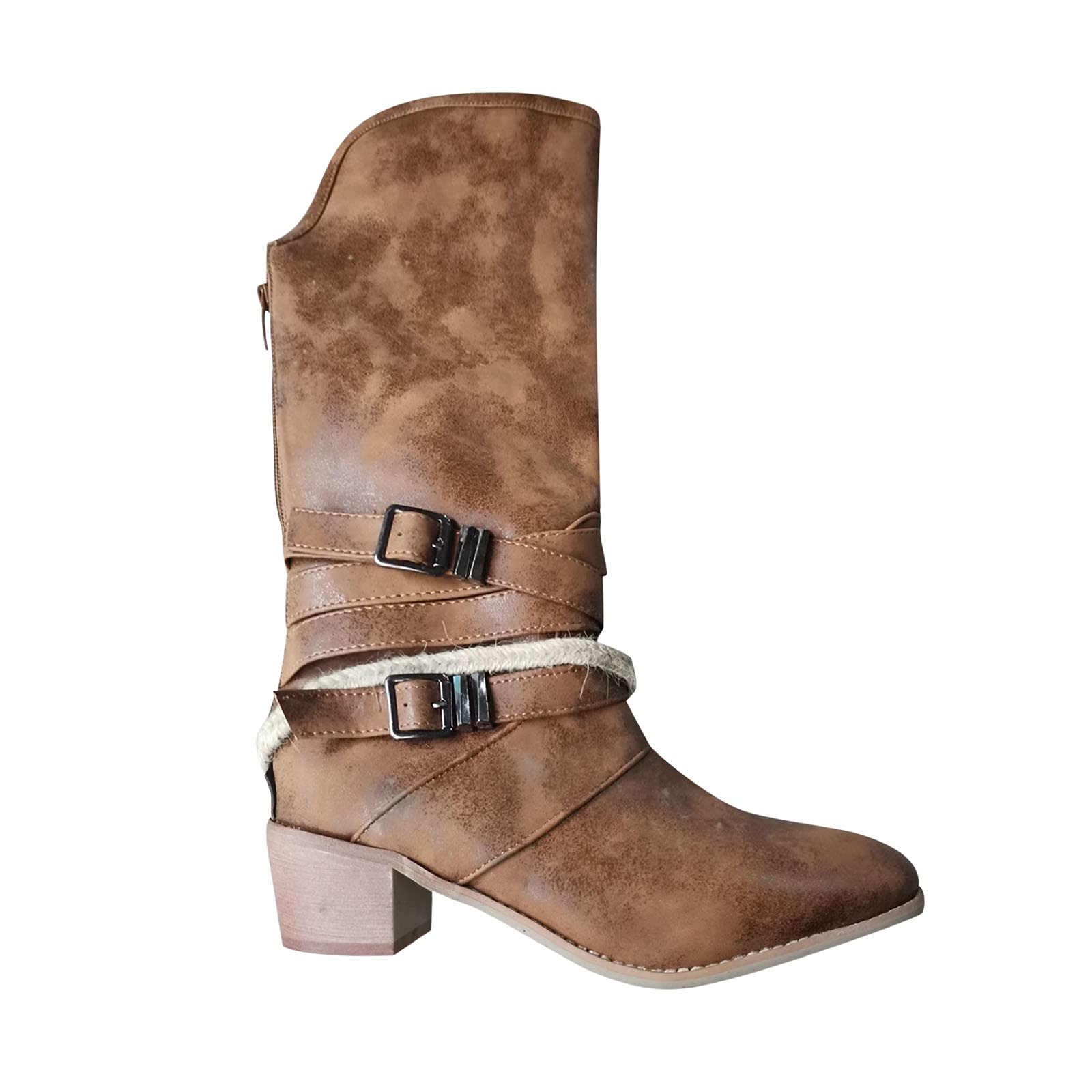 Stylish Women's Pointed Toe Winter Boots with Belt Buckle & Thick Heel - Fashionable Knight Boots Mid-Calf Height for Cold Weather (Brown, Size 9) | Perfect for Office, Party & Winter Outfits