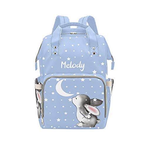 Personalized Bunny Rabbit Moon Stars Blue Diaper Backpack - Custom Name Travel Nappy Bag for Baby Boys & Girls - Perfect Baby Shower Gift for New Moms, Daycare Essentials & Family Outings
