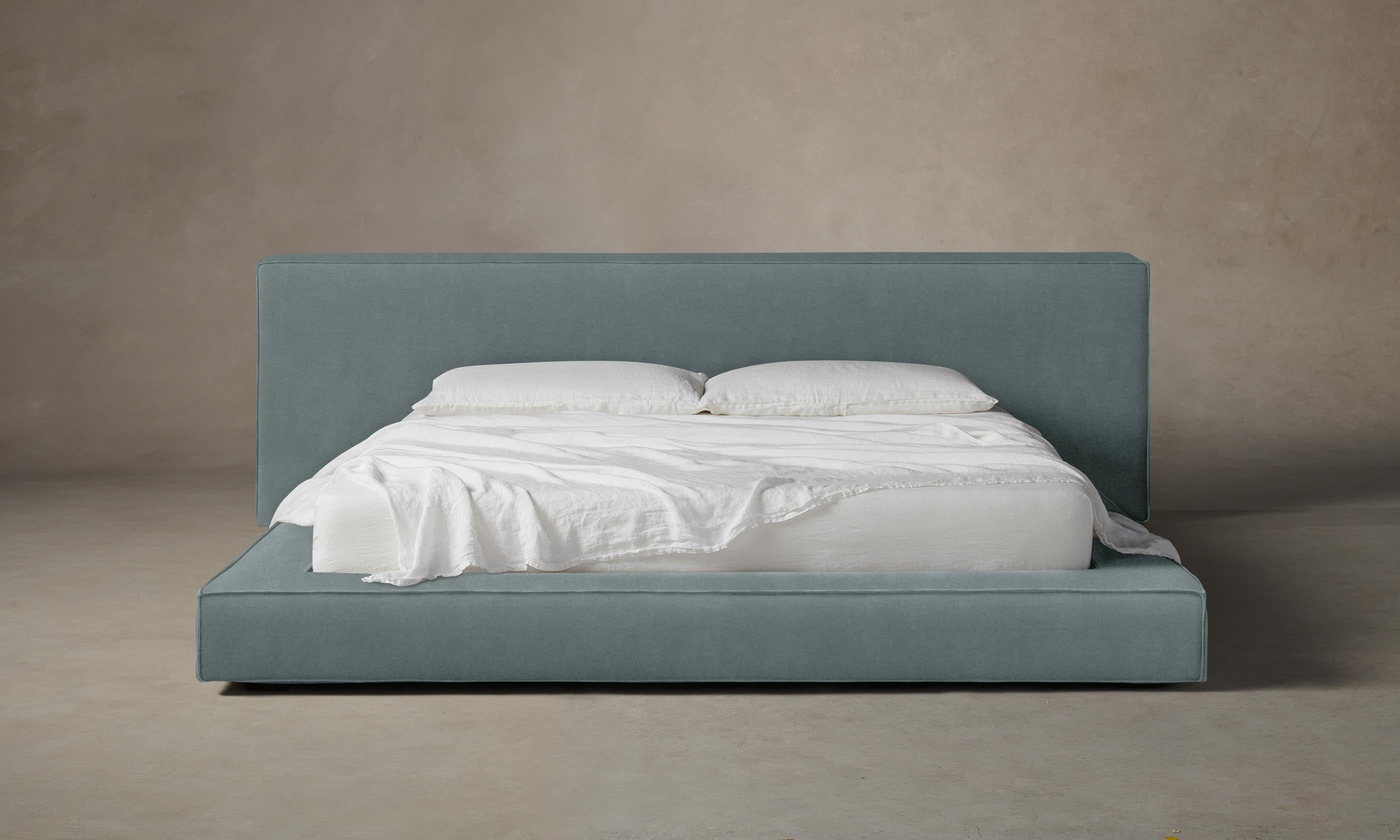 The Eldridge Bed - Luxury Performance Velvet Upholstered Queen/King Size Bed Frame in Seafoam Green - Perfect for Modern Bedrooms & Master Suites