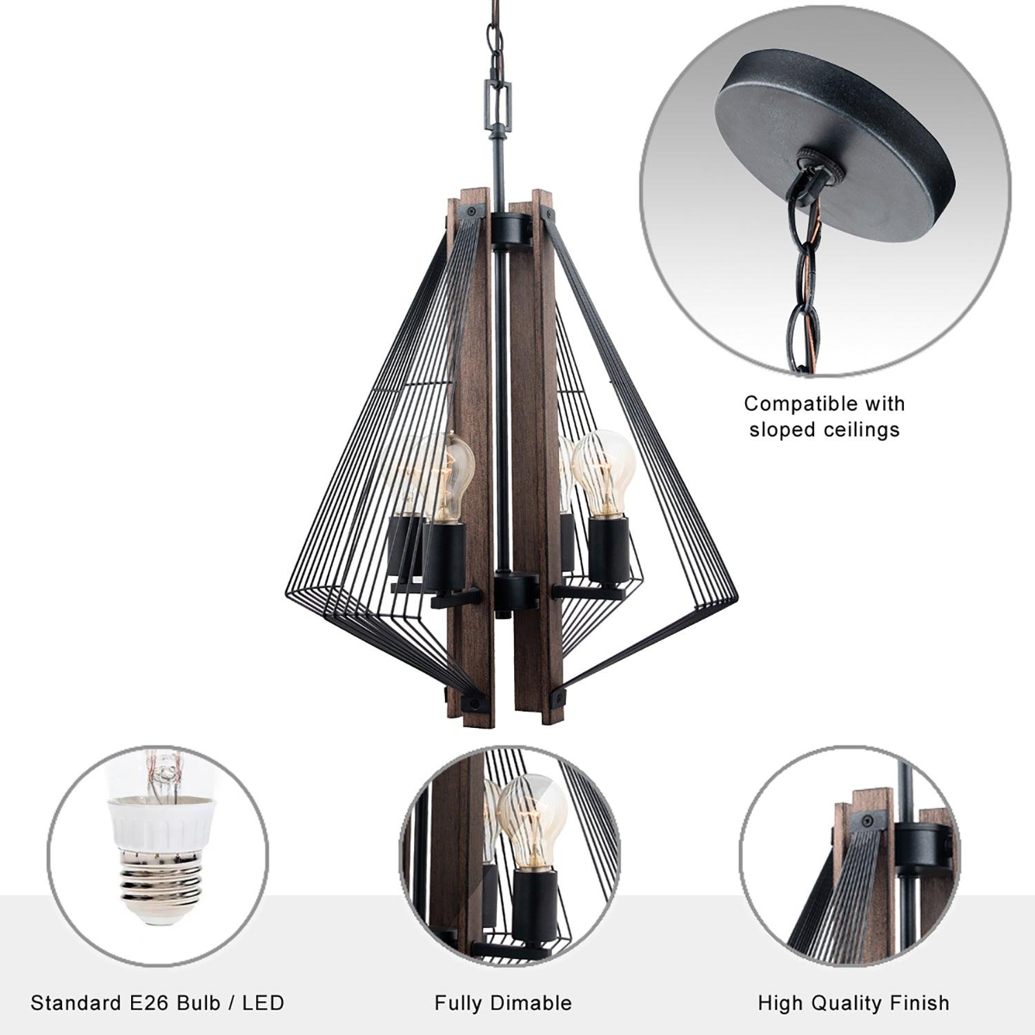 Zenith 4-Light Black & Wood Dimmable Pendant Light Fixture for Kitchen Island, Dining Room, or Living Room Ceiling Lighting