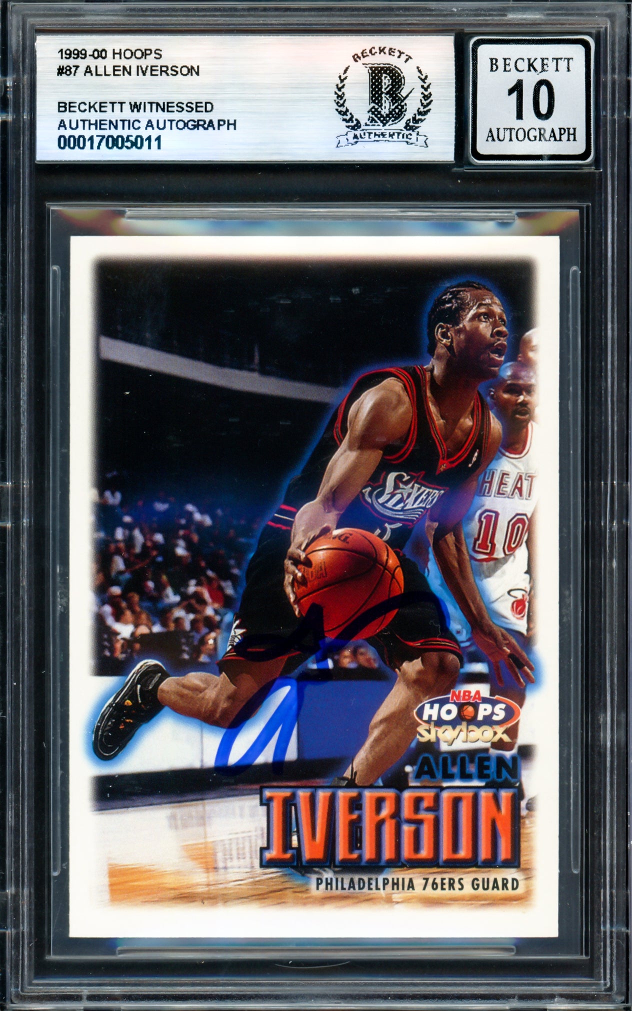 Allen Iverson Autographed 1999-00 Hoops Basketball Card #87 - Philadelphia 76ers - Beckett BAS Gem Mint 10 Grade - Witness #17005011 - Perfect for NBA Memorabilia Collectors & Sports Fans Display